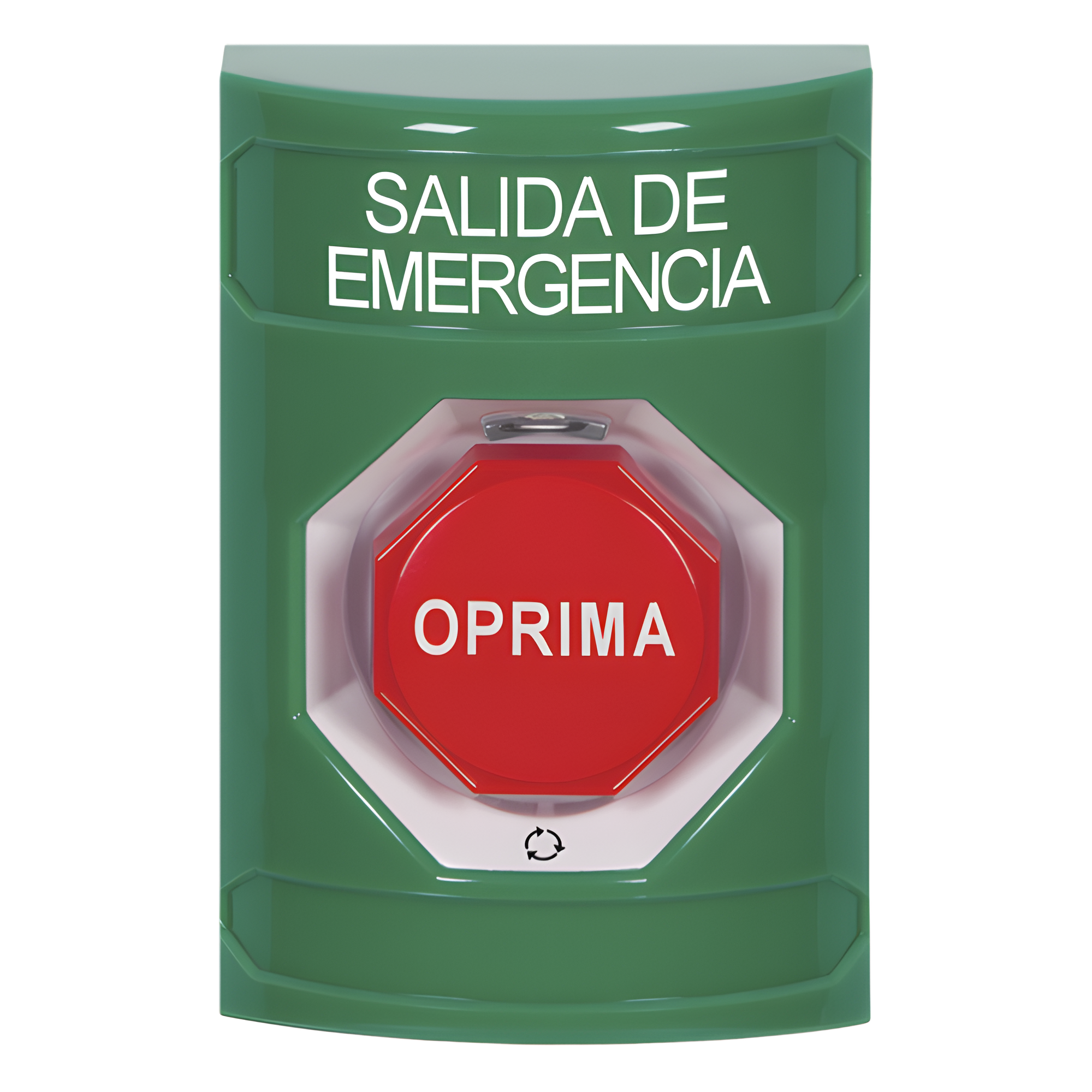 Botón de Salida de Emergencia / Texto en Español / Acción Mantenida / LED de Iluminación / Cubierta Transparente / UL cUL ADA — STI · SKU SS2109EX-ES