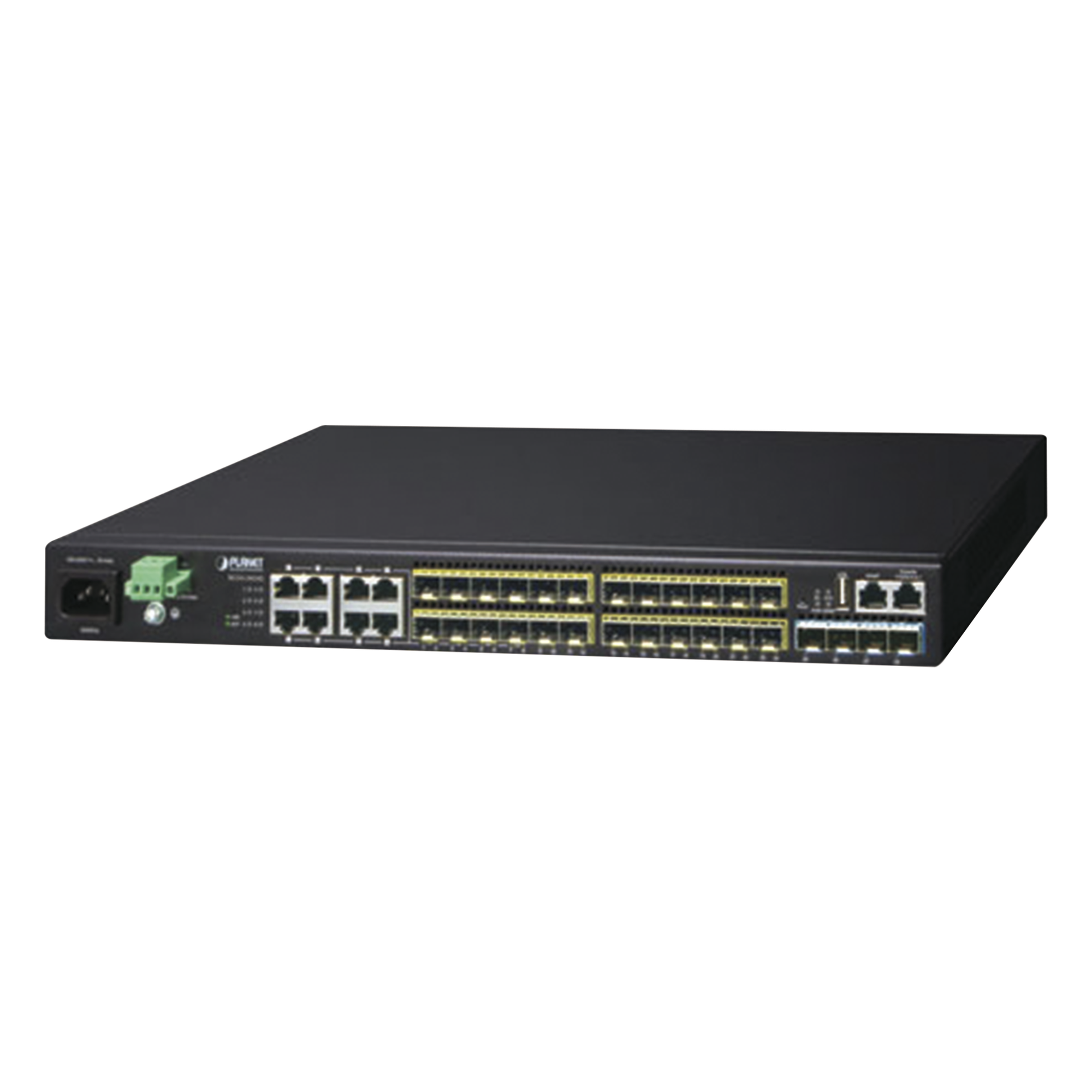 Switch Core Capa 3 / 24 SFP 100/1000X / 8 RJ45 Gigabit Compartidos / 4 SFP+ 10G / 95.23 Mpps / 1.44 x 0.79 x 0.14 pies — PLANET · SKU XGS3-24242-V3