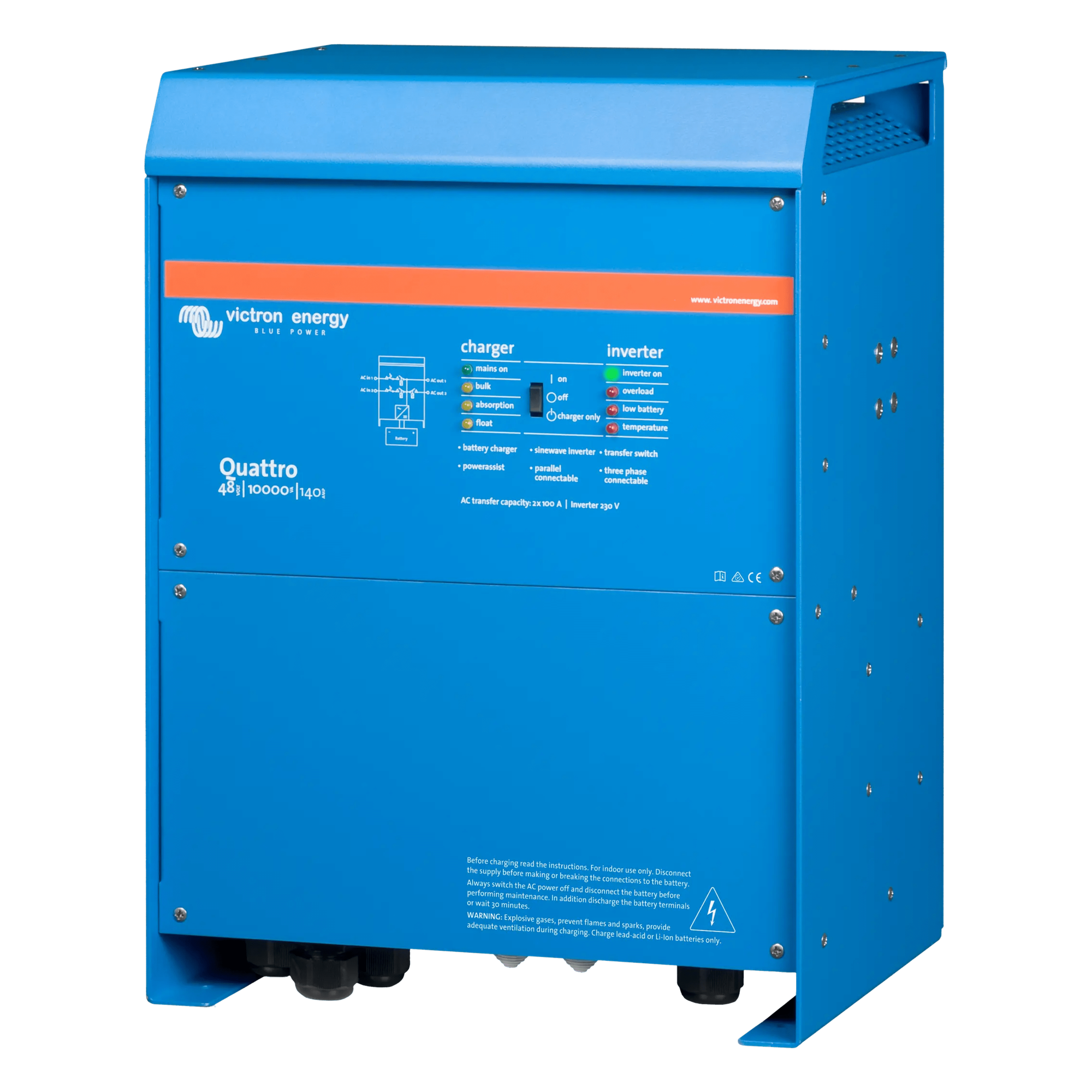Inversor Cargador de Onda Pura / Entrada 48 Vcc / Salida 8000 W 230 Vca 60 Hz / Conmutación 20 ms / PowerAssist Híbrida / Dos Entradas CA / 10 kVA