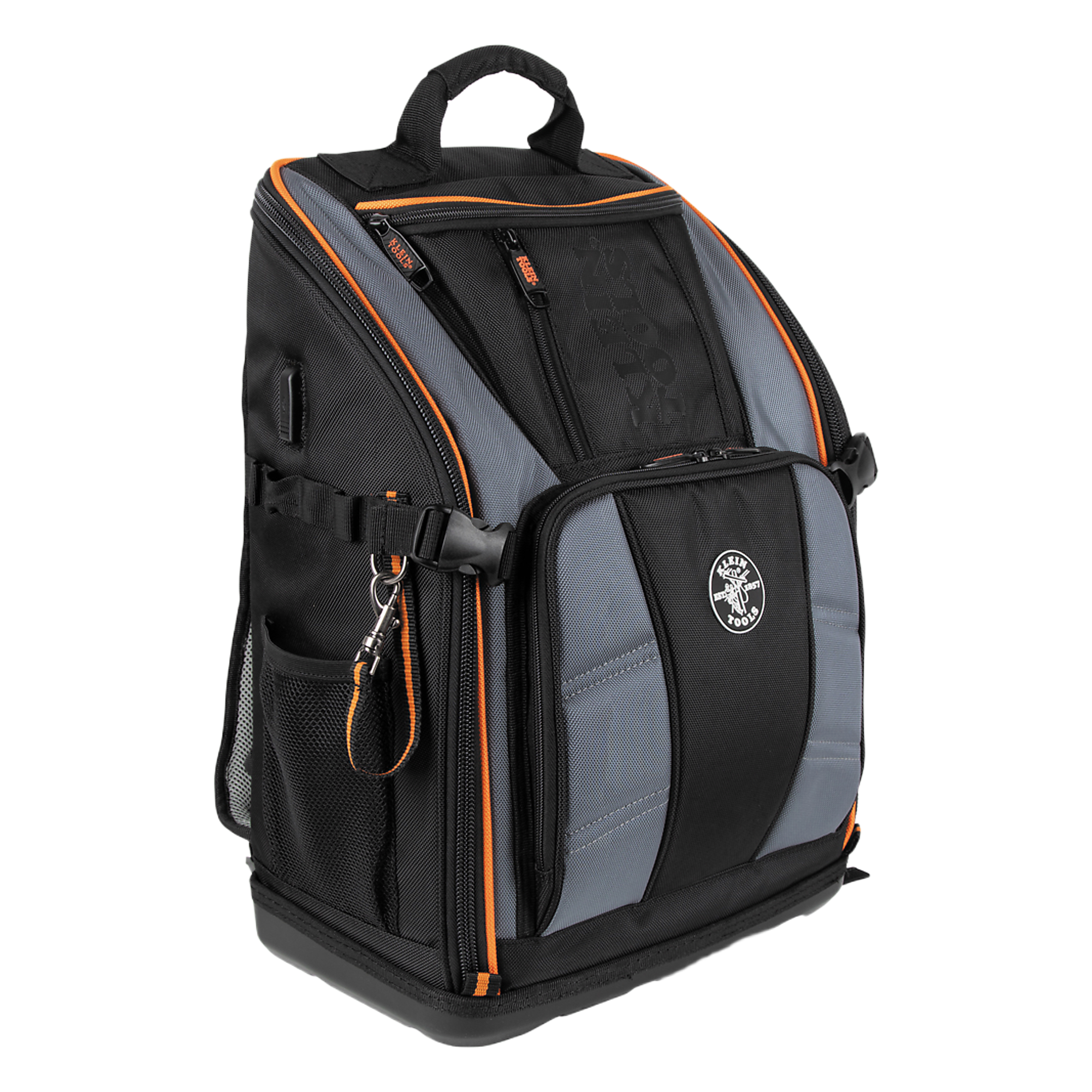 Mochila Profesional para Herramientas / 27 Bolsillos / Base Moldeada Ancha / Interior Naranja / Puerto USB-C / Acceso Estación de Trabajo — KLEIN TOOLS · SKU 62482