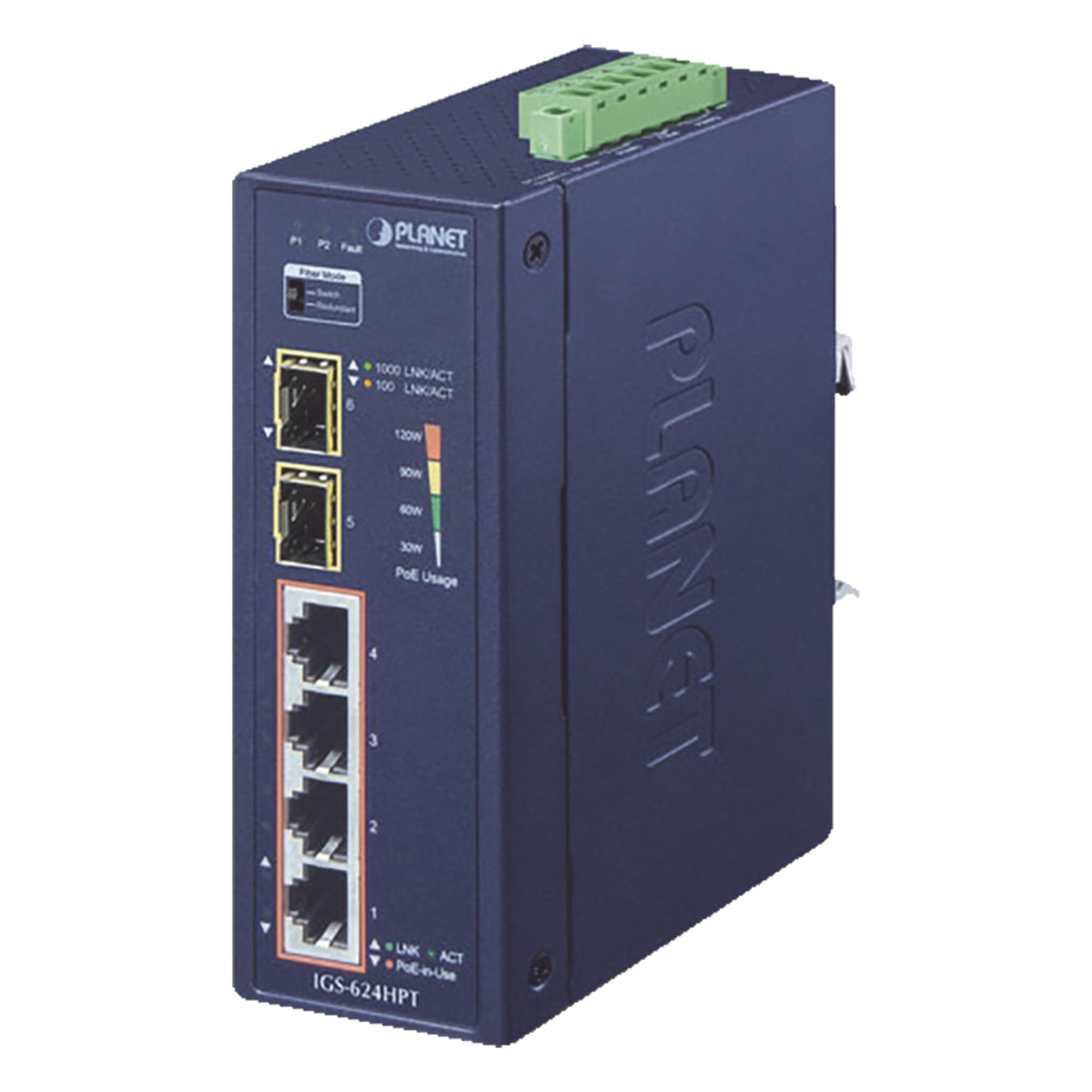 Switch PoE+ Industrial / 4 Puertos Gigabit PoE+ 802.3at / 2 SFP 1000X / IP40 / -40°C a 75°C / 130.6W / 12-56VDC — PLANET · SKU IGS-624HPT