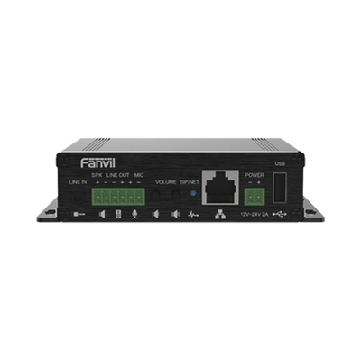 Gateway para Voceo IP/SIP,  Entrada de audio (3.5mm), salida de amplificador integrado de hasta 30W, puerto USB (reproducción de MP3),