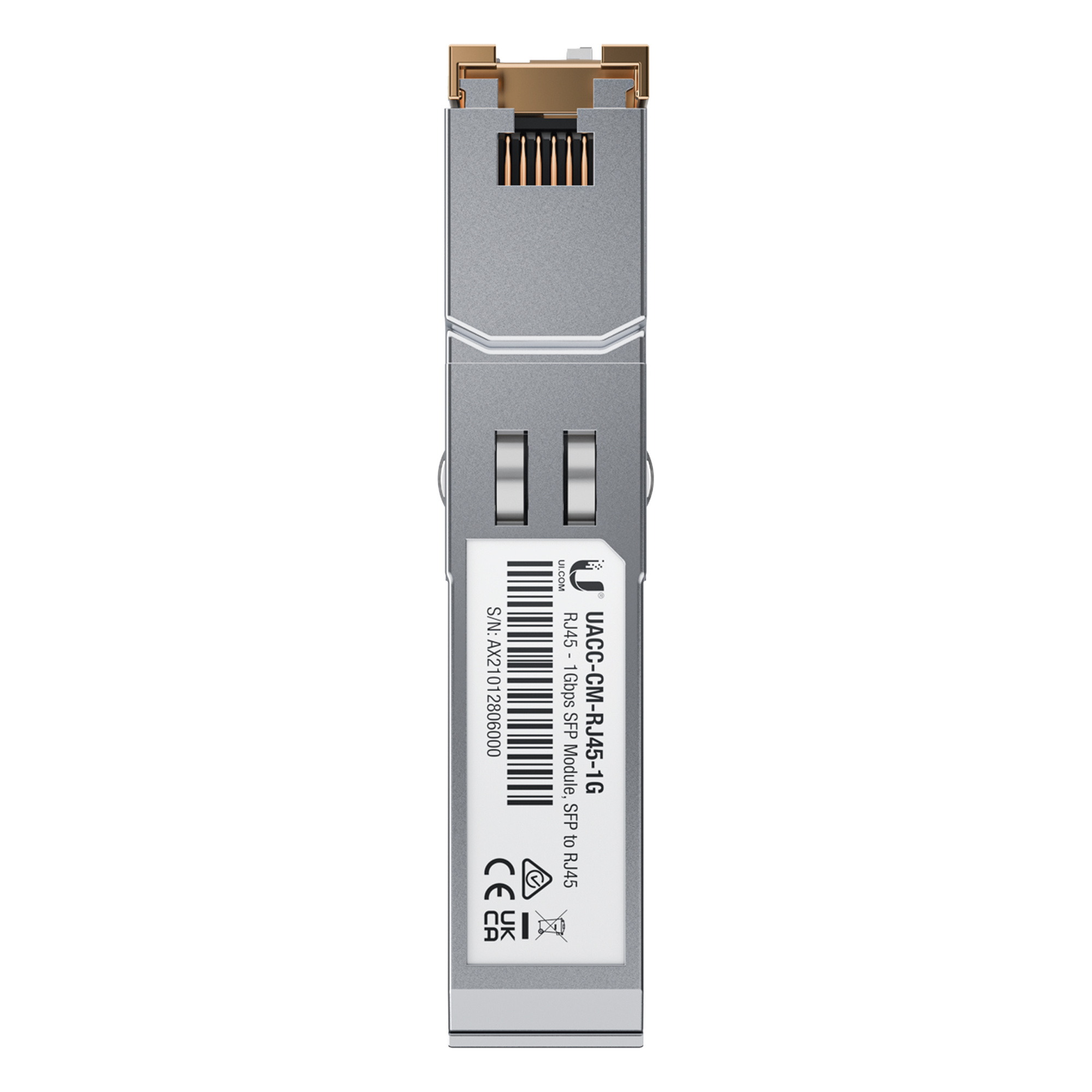 Módulo Transceptor SFP a RJ45 / 1000BASE-T / 1 Gbps / Alcance 100 m (328 ft) / Cobre Ethernet — UBIQUITI · SKU UACC-CM-RJ45-1G