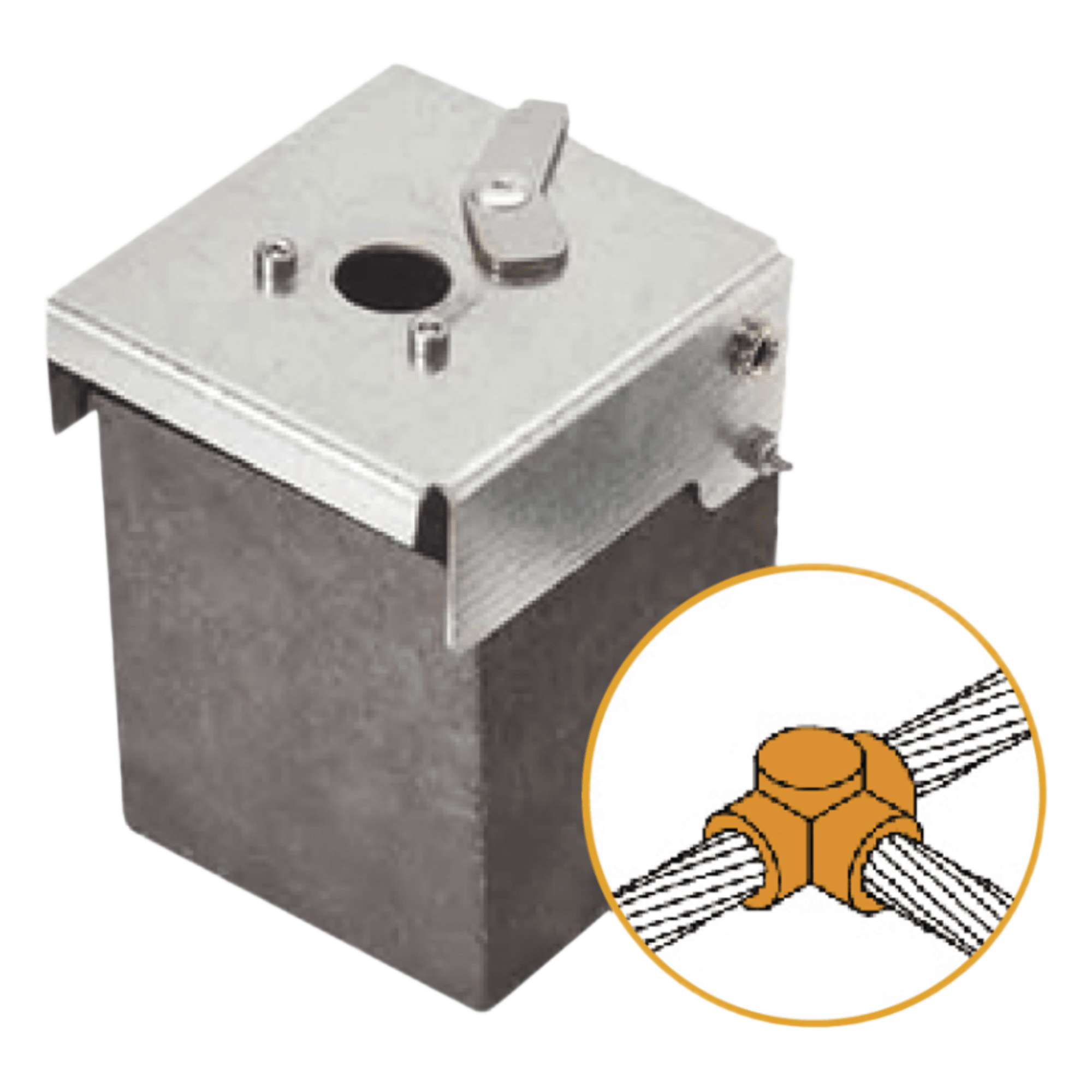 Soldadura Exotérmica / Unión T Horizontal / 1/0 AWG (50 mm²) / 50 Soldaduras / Grafito con Tapa Electrogalvanizada — APLICACIONES TECNOLOGICAS · SKU ATW10/W10/TH
