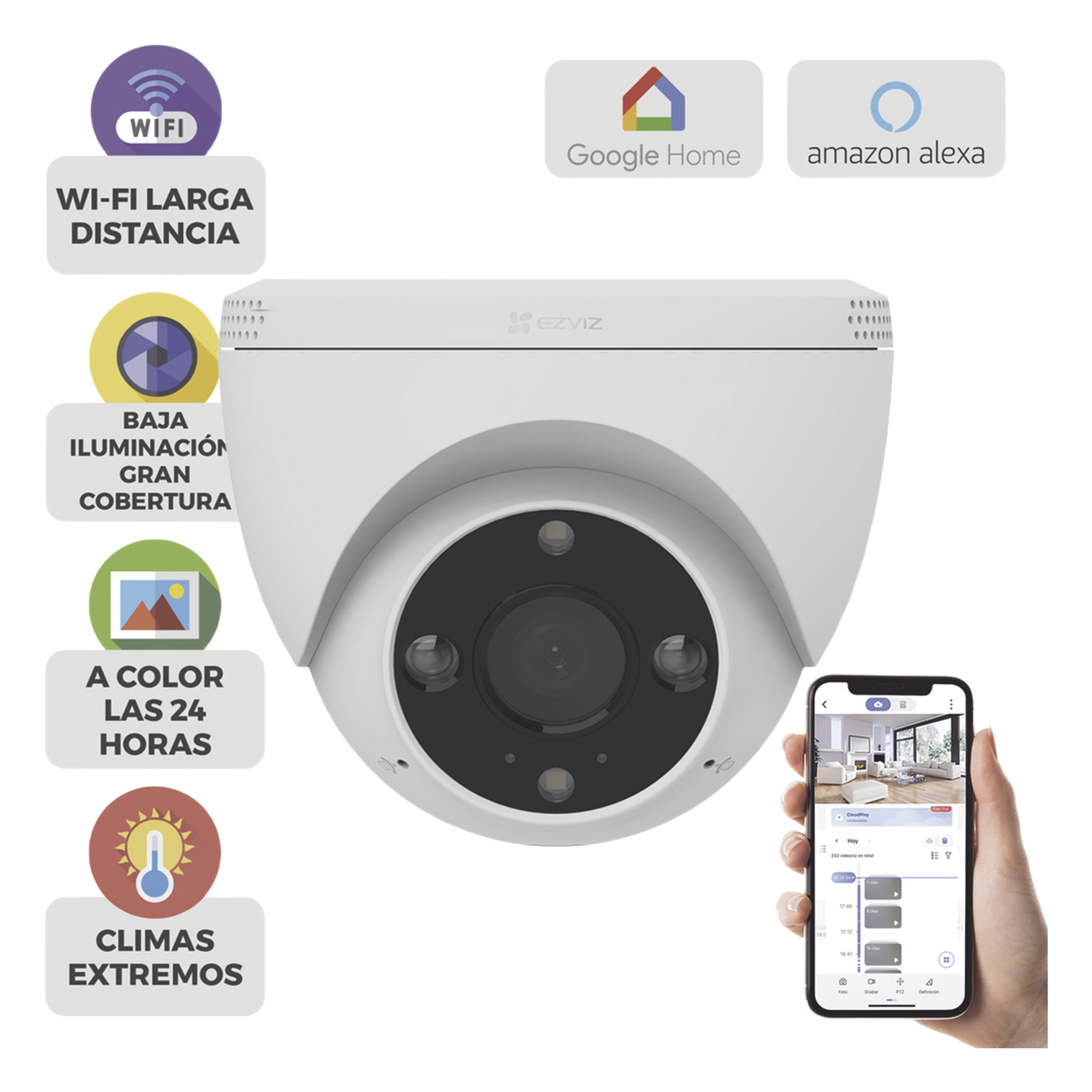 Cámara Domo IP / 3 Megapixel (2K) / Wi-Fi / Visión Nocturna Color 30 m (98.4 ft) / Detección Humana y Vehículo / IP67 / Audio Bidireccional / Ranura Micro SD 512 GB — EZVIZ · SKU CS-H4