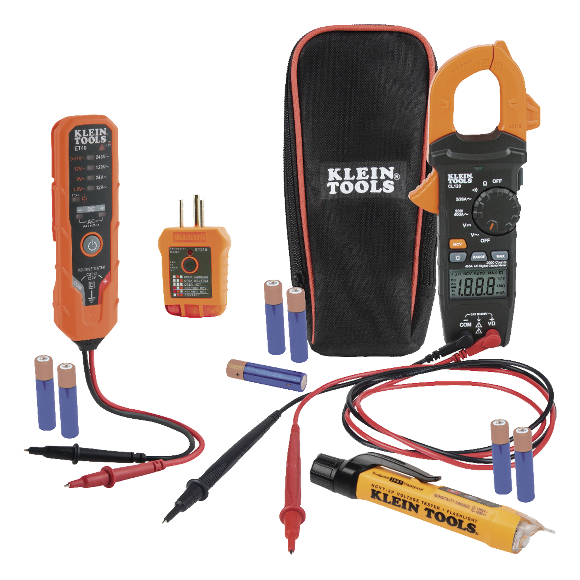 Kit de Prueba Eléctrica / Multímetro de Gancho CA / Detector de Voltaje 12-1000 VCA / Probador de Tensión 12-240 VCA / Analizador de Cableado / CAT III 600 V — KLEIN TOOLS · SKU CL120VP