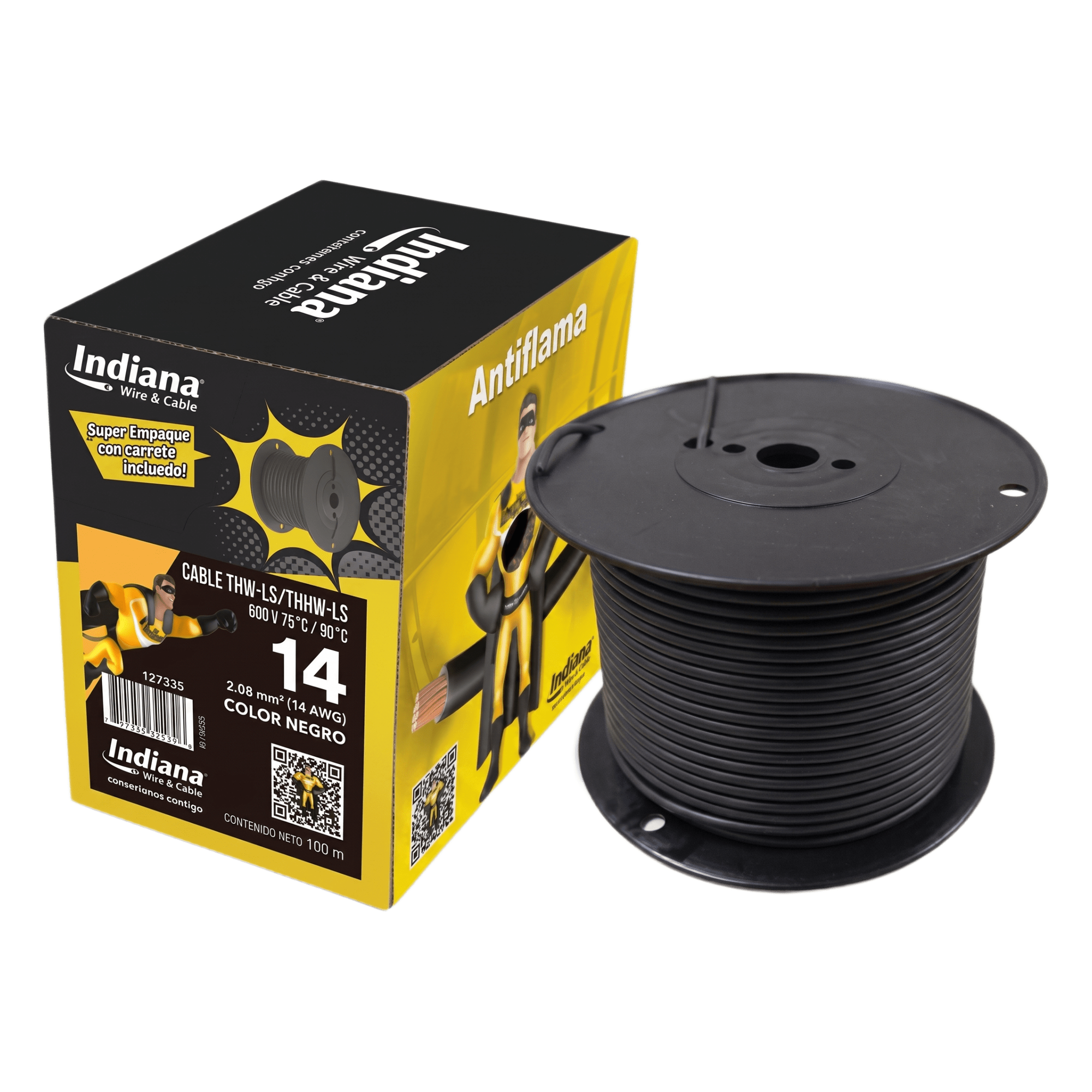 Cable Eléctrico THW-LS / 14 AWG / 19 Hilos / 90 °C Seco / 75 °C Mojado / Bobina 100 m (328 ft) — INDIANA · SKU SLY-312-BLK/100
