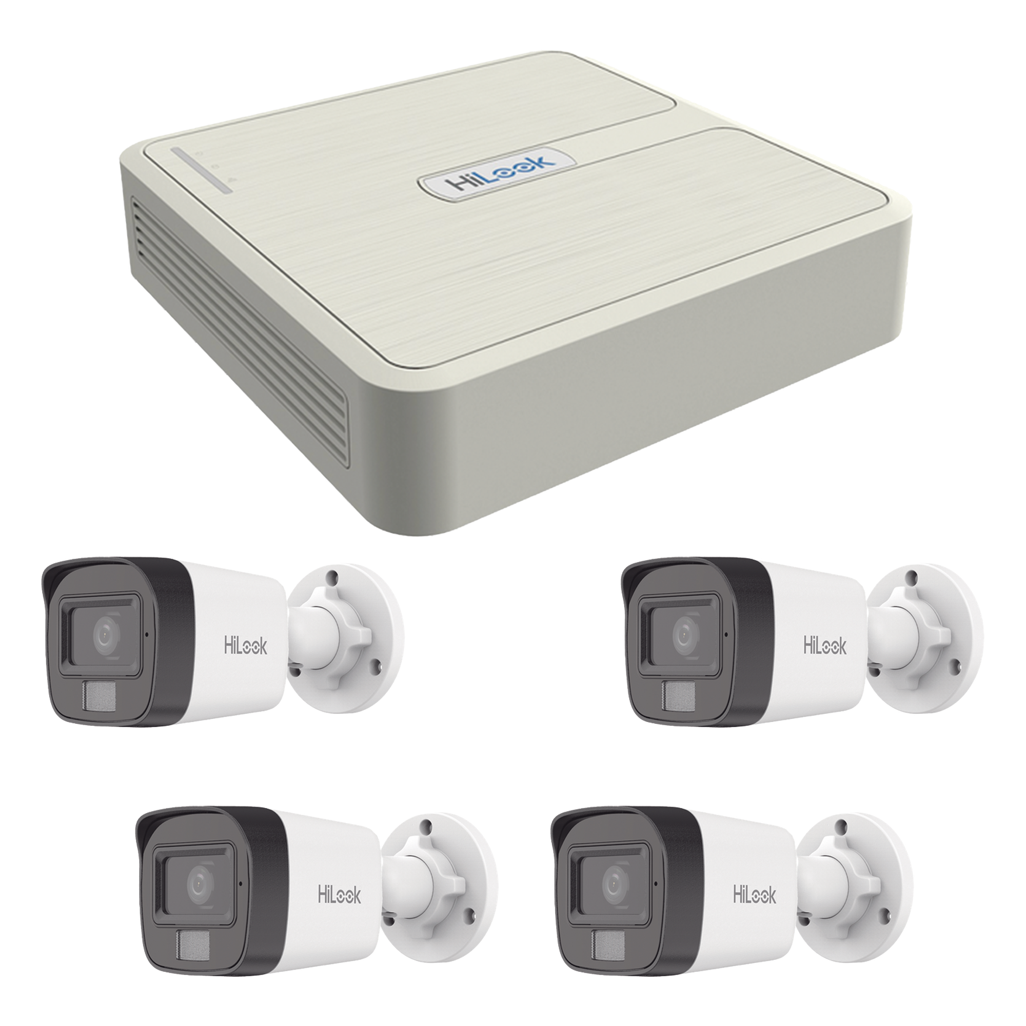 Kit de Videovigilancia IP / 4 Megapixel / NVR 4 Canales PoE+ / 4 Cámaras Bala Dual Light / IR 20 m (65.6 ft) / Audio Integrado / Exterior — HiLook by HIKVISION · SKU KIP4MP/4B