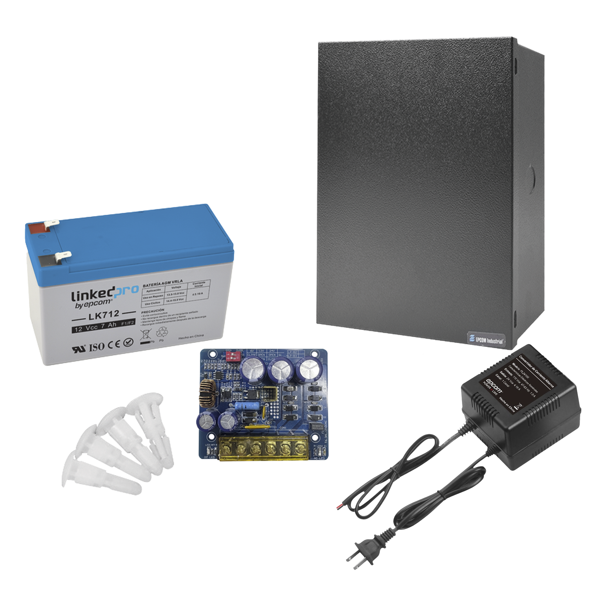 Kit de Fuente de Poder con Respaldos / 12 VCC a 4 A / Batería 12 V 7 Ah / Transformador 16-24 VCA / Protección Sobretensión y Cortocircuito — EPCOM POWERLINE · SKU KIT16B3LK7