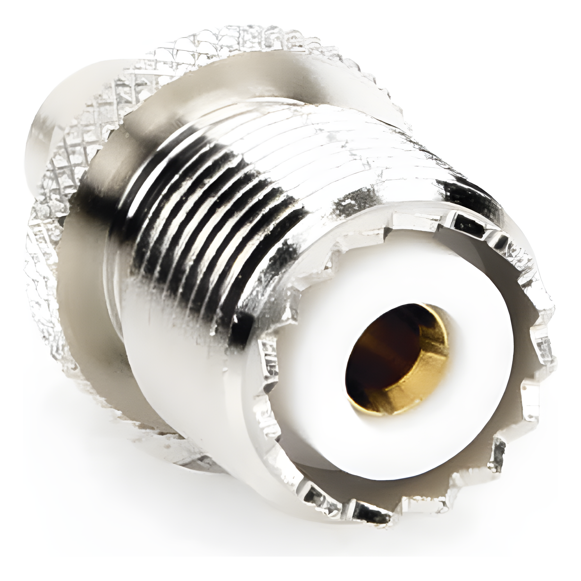 Adaptador Coaxial en Línea / SMA Macho a UHF Hembra (SO-239) / Cuerpo Bronce Niquelado / Contacto Oro / Aislante Teflón