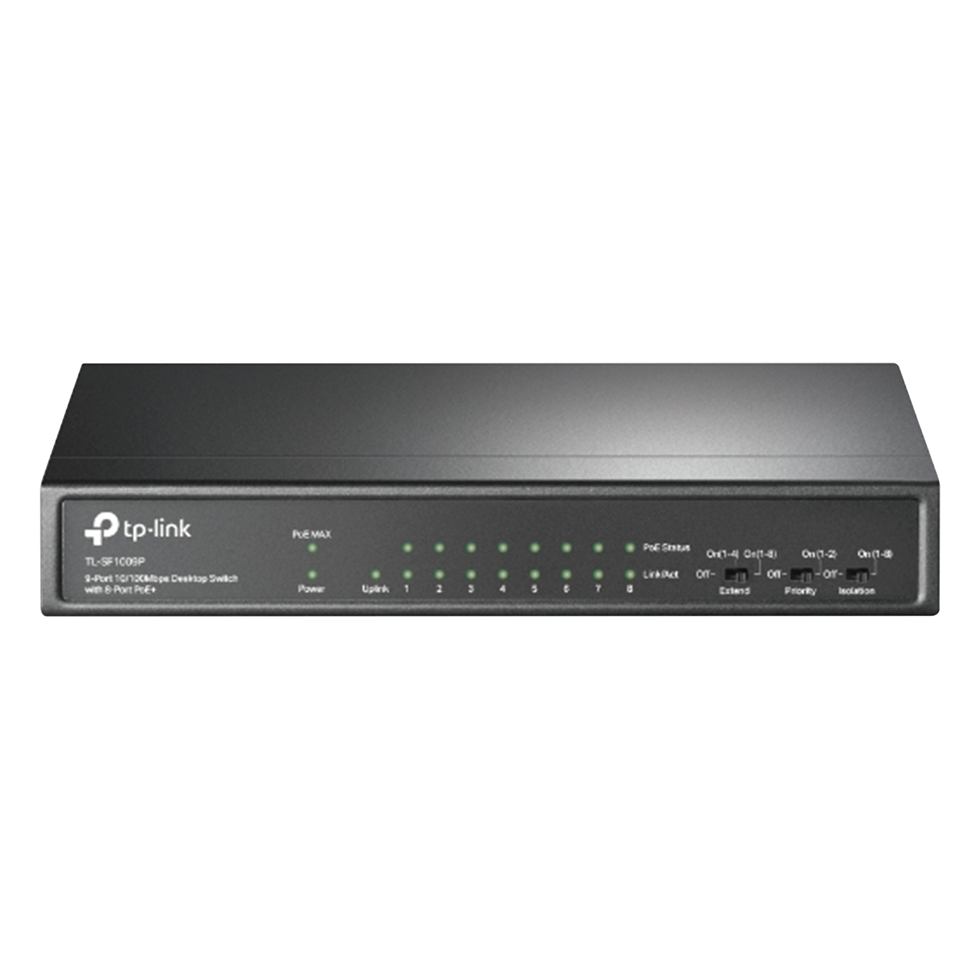 Switch PoE+ No Administrable / 9 Puertos 10/100 Mbps / 8 Puertos PoE 802.3af/at / 65W / Alcance 250 m (820 ft) / Sin Ventilador — TP-LINK · SKU TLSF1009P