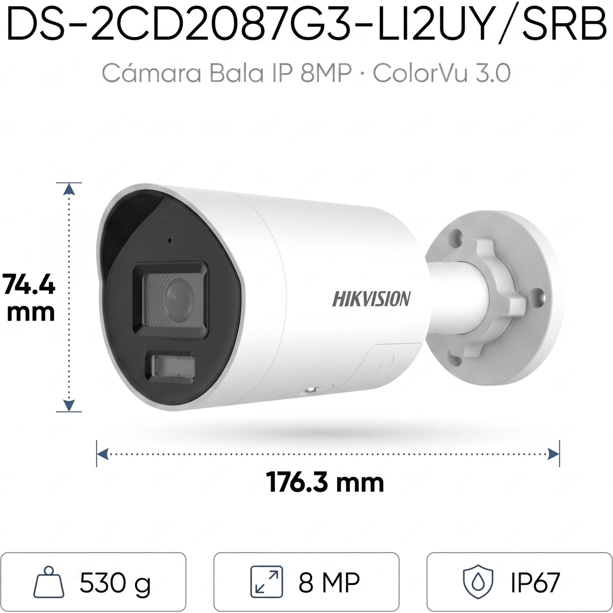 [Dual Light + ColorVu 3.0 + HikAI] Bala IP 8 Megapixel / Lente 2.8 mm / 40 mts IR + Luz Blanca / 2 Microfonos Integrados / Exterior IP67 / Estrobo Azul y Rojo / WDR 130 dB / ACUSENSE 3.0 / Metal / NEMA 4X / ACUSEEK