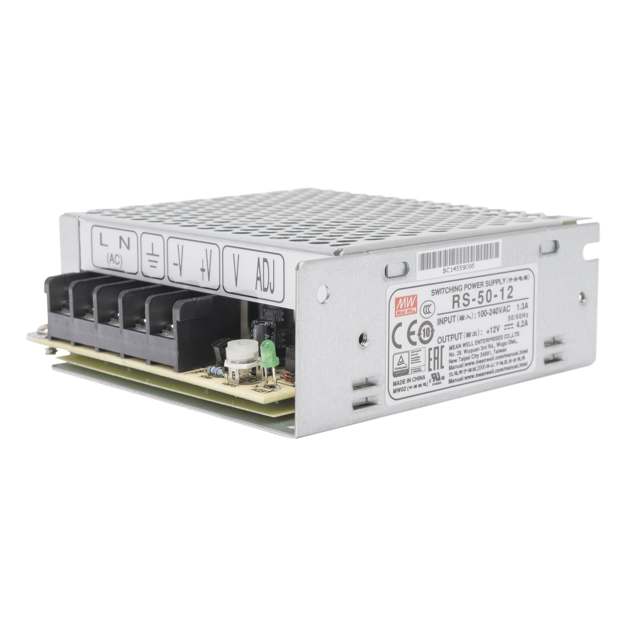 Fuente de Poder Industrial Conmutada / 50W / 12Vcc / 4.2A / Entrada 100-240Vca / Montaje en Chasis — MEANWELL · SKU RS-50-12