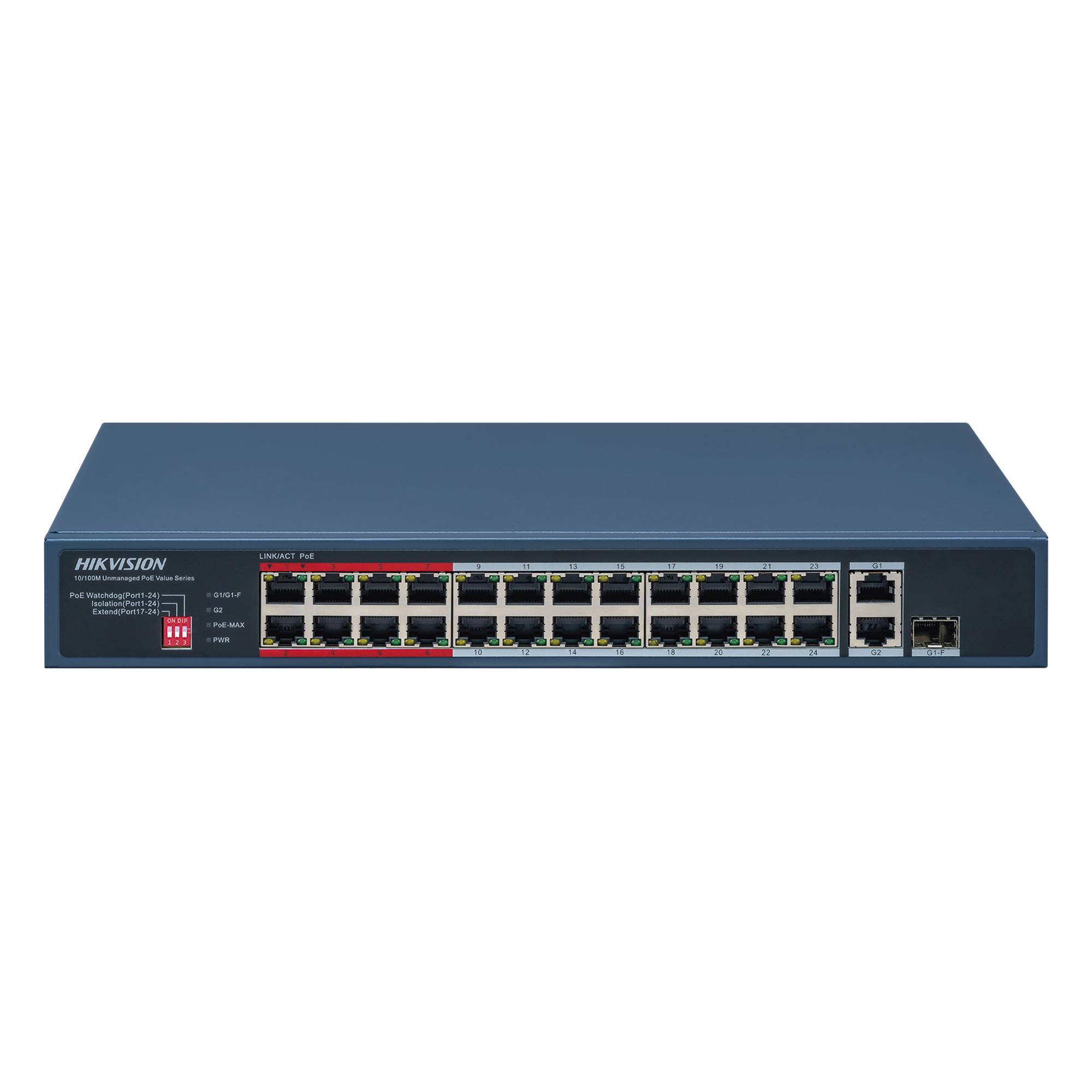 Switch PoE+ / 24 Puertos 10/100 Mbps PoE+ / 2 Puertos Gigabit Uplink / 1 Puerto SFP Uplink / Modo Extendido 300 m (984 pies) / 230 W — HIKVISION · SKU DS-3E0326P-E/M(C)