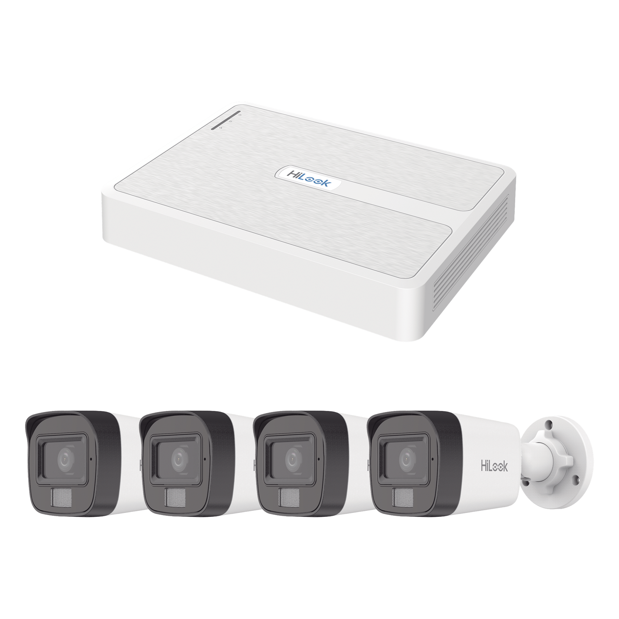 Kit de Videovigilancia IP / NVR 8 Canales PoE+ / 4 Cámaras Bala 2 Megapixel / Dual Light IR 20 m (65.6 ft) + Luz Blanca 15 m (49.2 ft) / Audio Integrado / H.265+ — HiLook by HIKVISION · SKU KIPH4B4MP/A