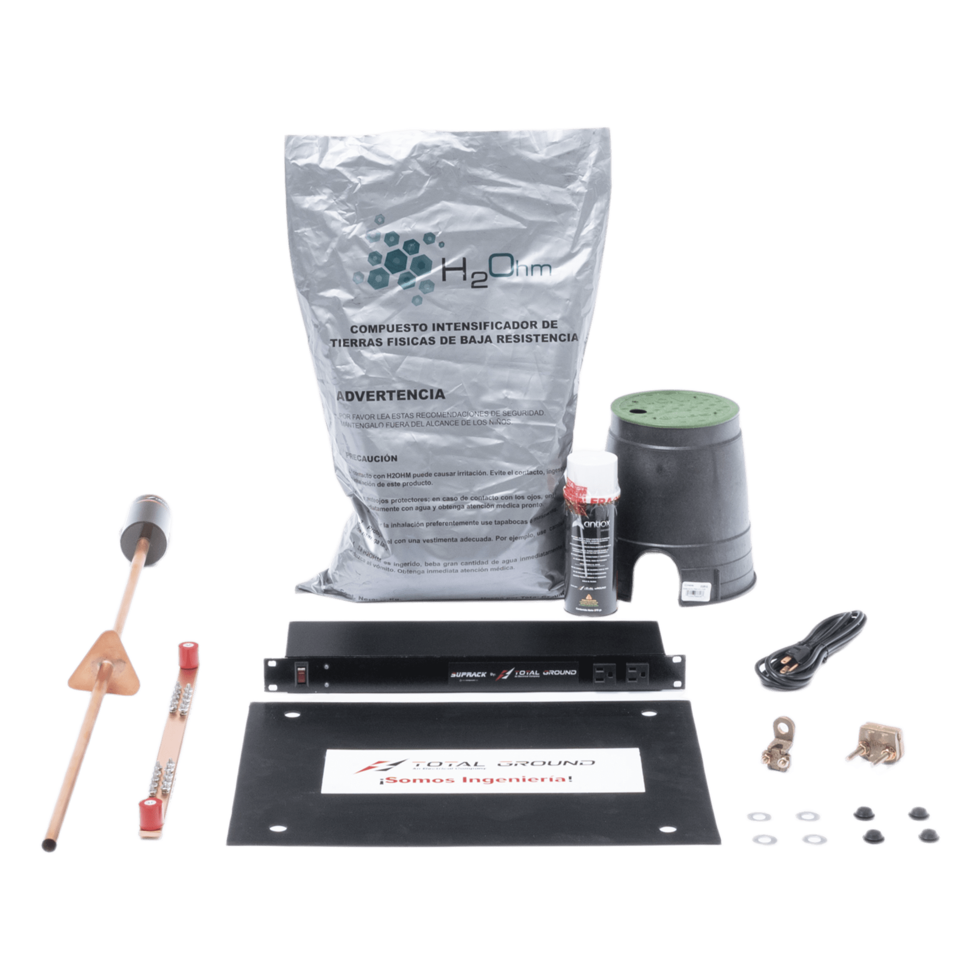 Kit de Tierra Física / Resistencia < 2 Ohm / 15 A / Electrodo Cobre Electrolítico / Compuesto Orgánico Certificado / Supresor de Picos — TOTAL GROUND · SKU KIT-VARI-SITE