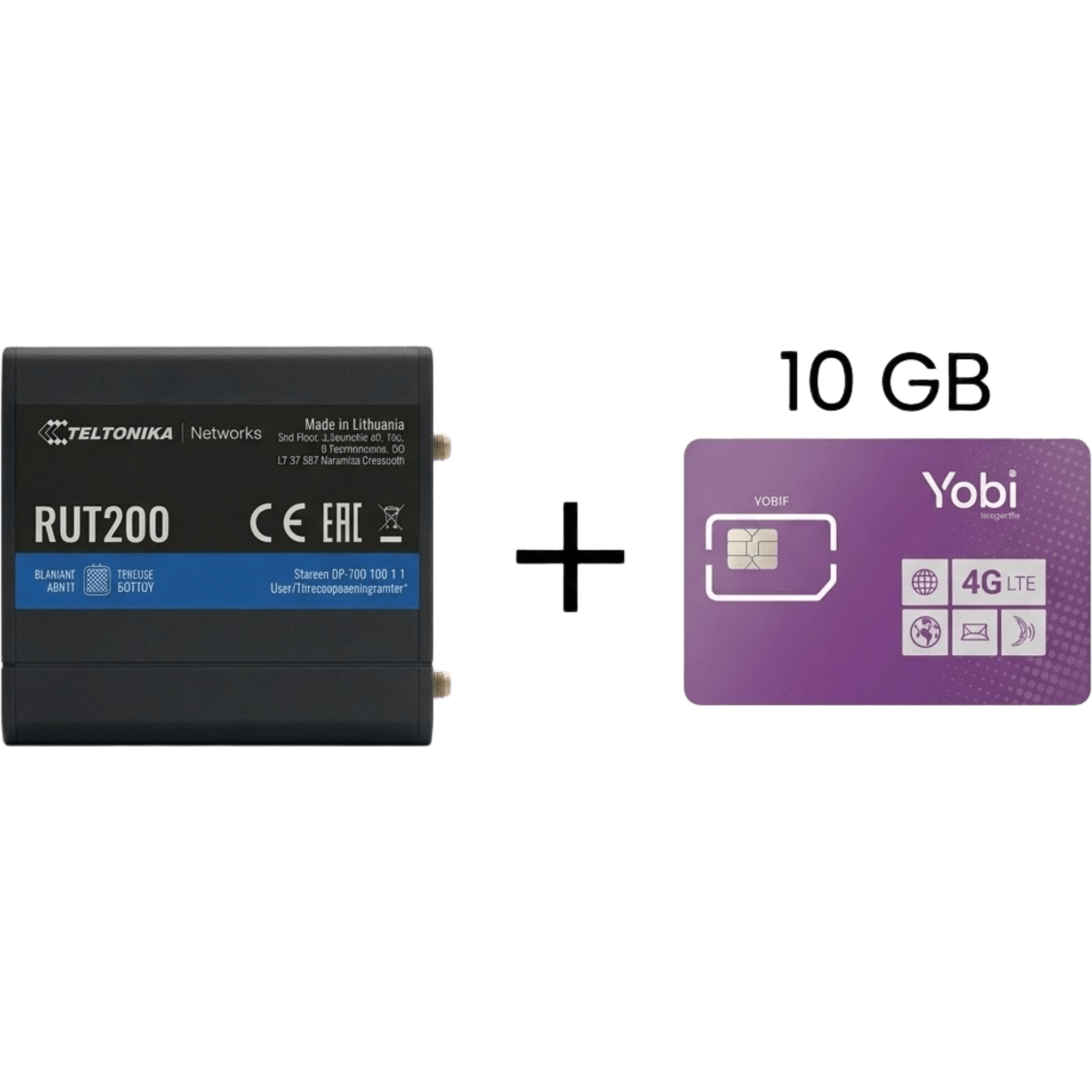 Router Industrial 4G LTE / Cat 4 150 Mbps / Wi-Fi 2.4 GHz / -40°C a 75°C / Gestión RMS / Kit con SIM 10GB Anual — TELTONIKA · SKU RUT200+10GBYOBI