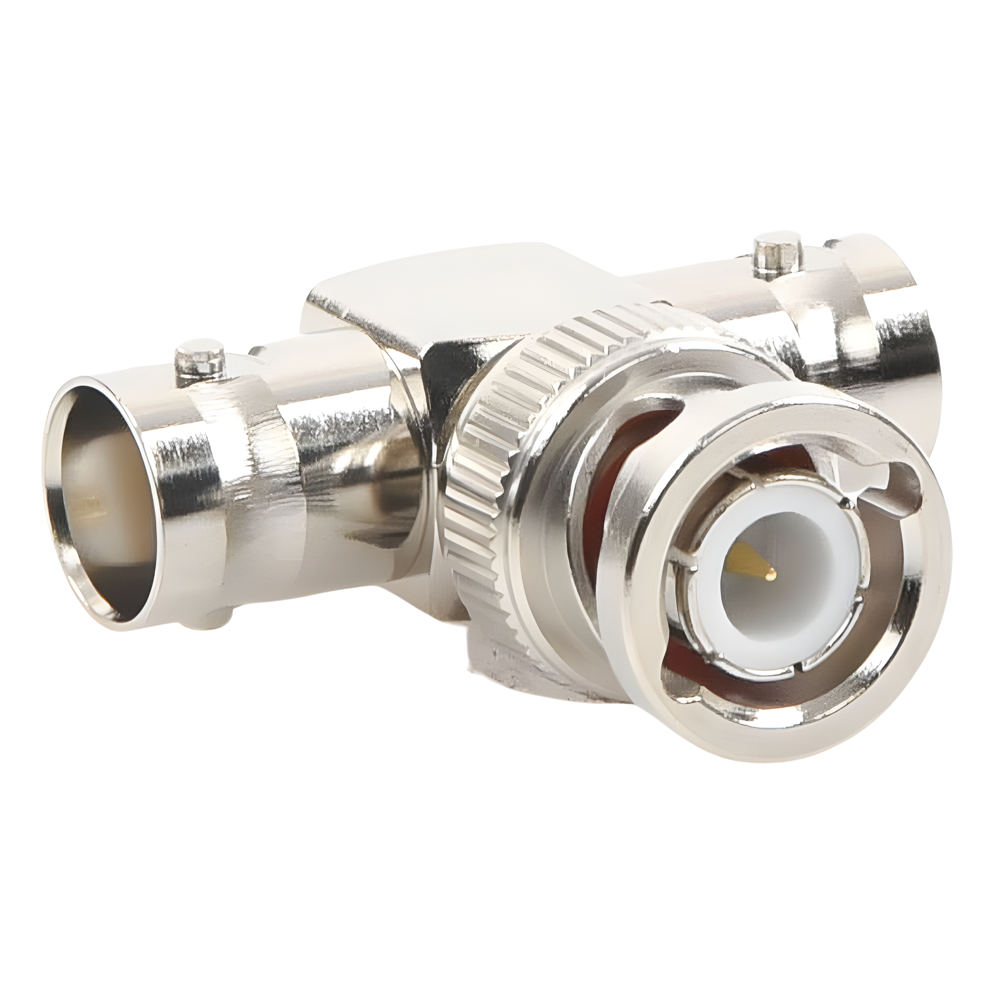 Adaptador RF en T / BNC Macho a Doble BNC Hembra / 50 Ohm / Cuerpo Niquelado / Contacto Oro / Aislante Teflón