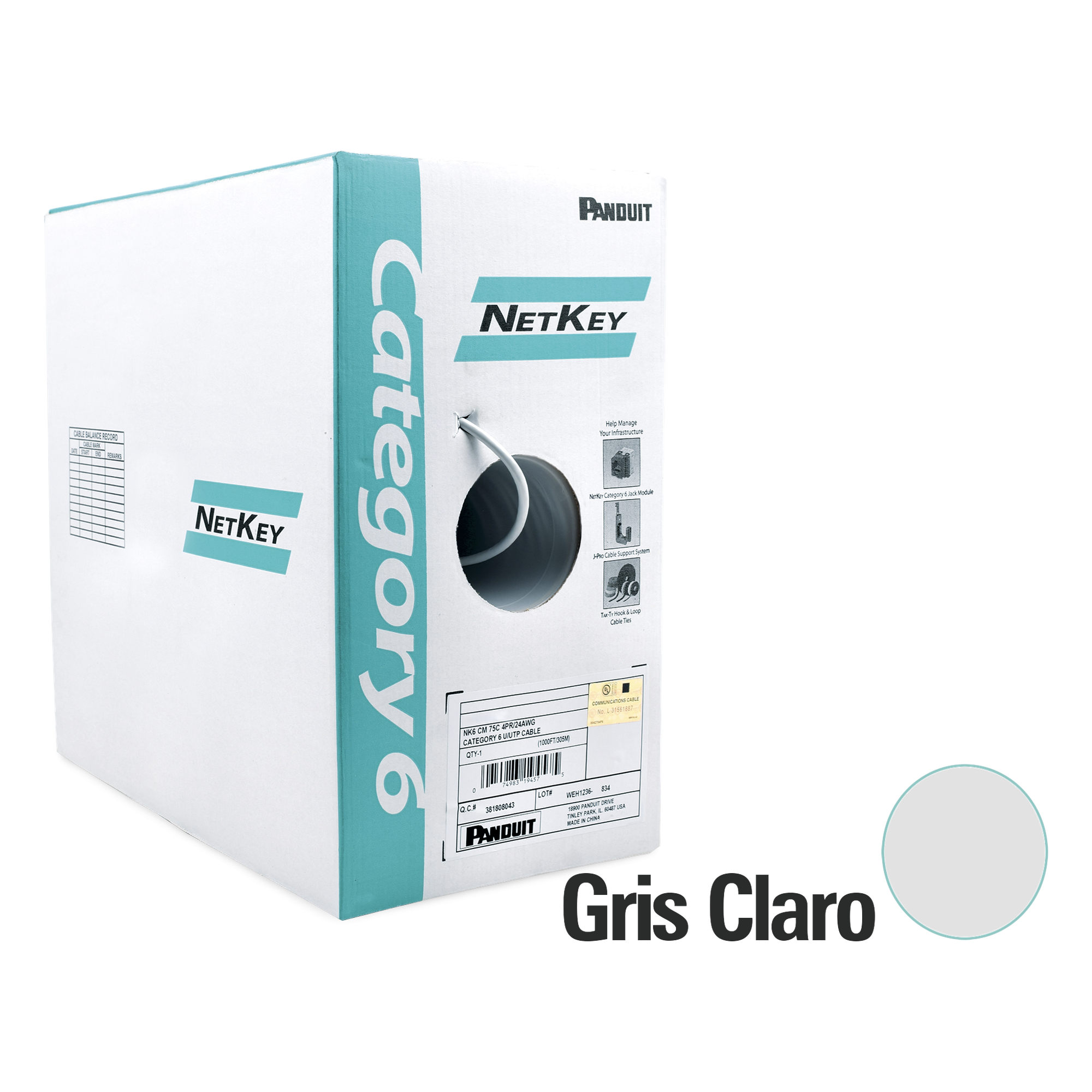 Bobina UTP Cat 6 / 305m (1000ft) / 24 AWG Cobre / CMR Riser / 250 MHz / 4 Pares / Gris Claro — PANDUIT · SKU NUR6C04IG-C
