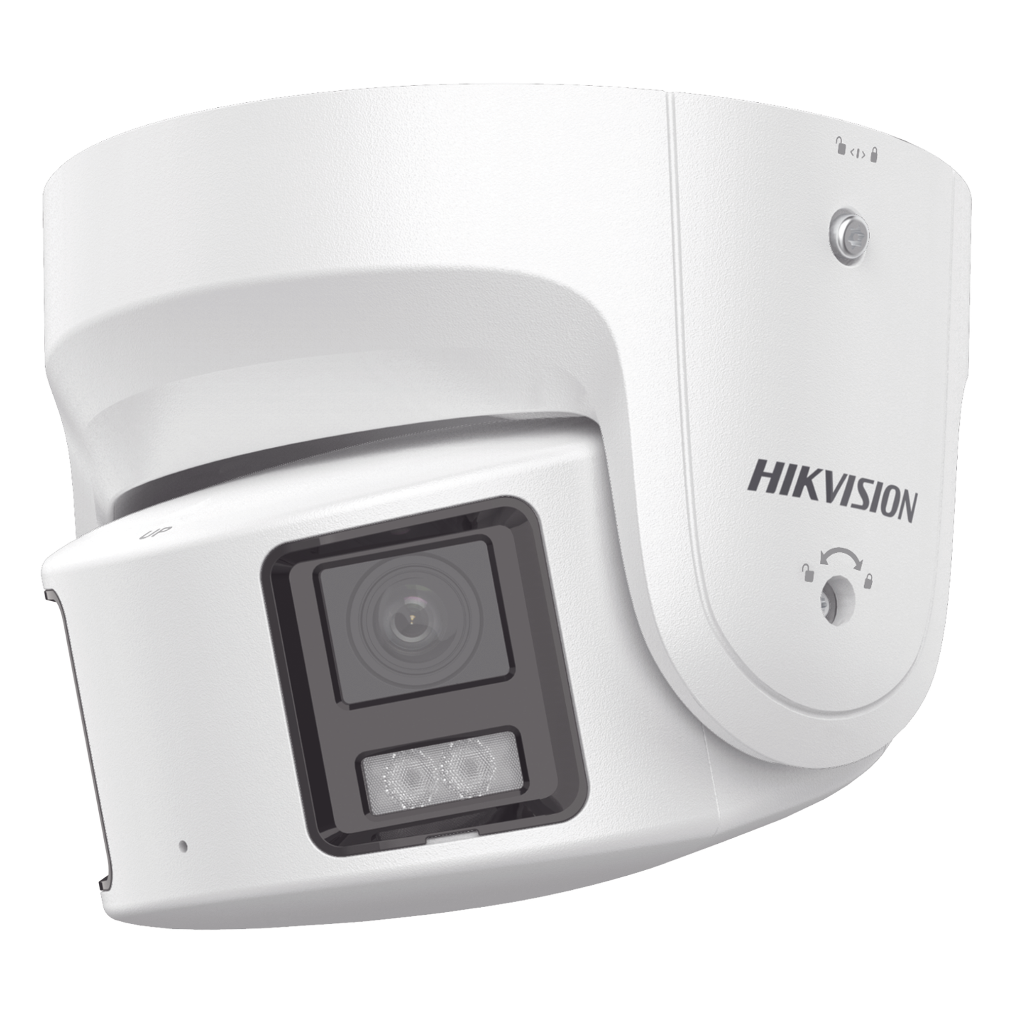 Cámara Turret IP Panorámica / 8 Megapixel / Dual Lente 4 mm 180° / Color 24/7 / WDR 130 dB / Luz Blanca 30 m (98.4 ft) / IP67 / PoE / Audio Bidireccional / AcuSense — HIKVISION · SKU DS-2CD2387G2P-LSU/SL(C)