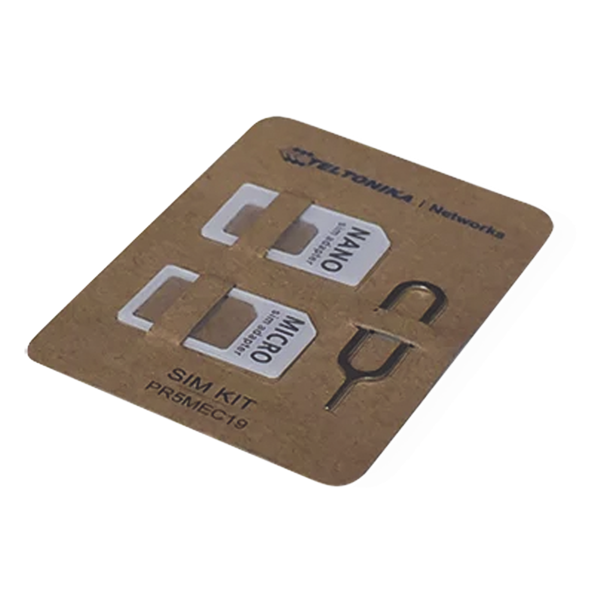 Kit de Adaptador SIM / Cartón Kraft Ecológico / Aguja Acero Inoxidable 0,60 mm / Adaptadores Nano y Micro SIM / Peso 1 g — TELTONIKA · SKU PR5MEC19