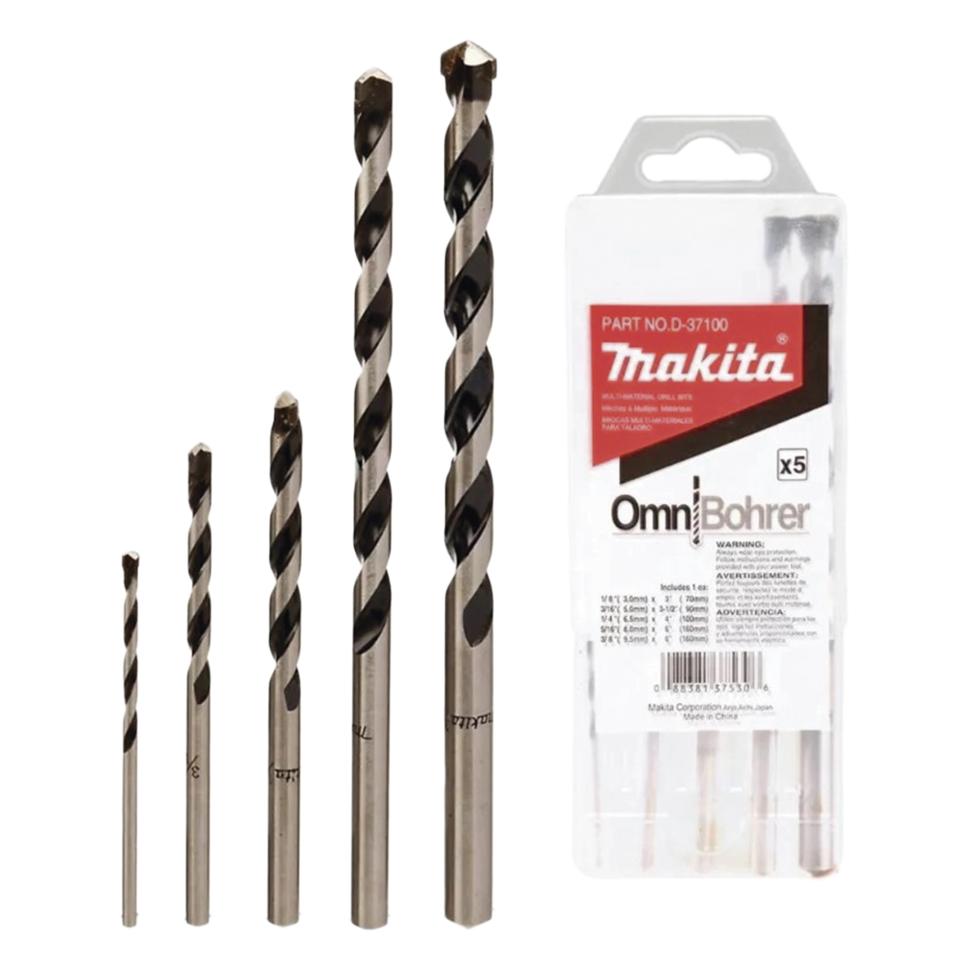 Juego de Brocas para Concreto / 5 Piezas / 3.0 a 9.5 mm / Mango Hexagonal 1/4" / Longitudes 70 a 160 mm — MAKITA · SKU D37100