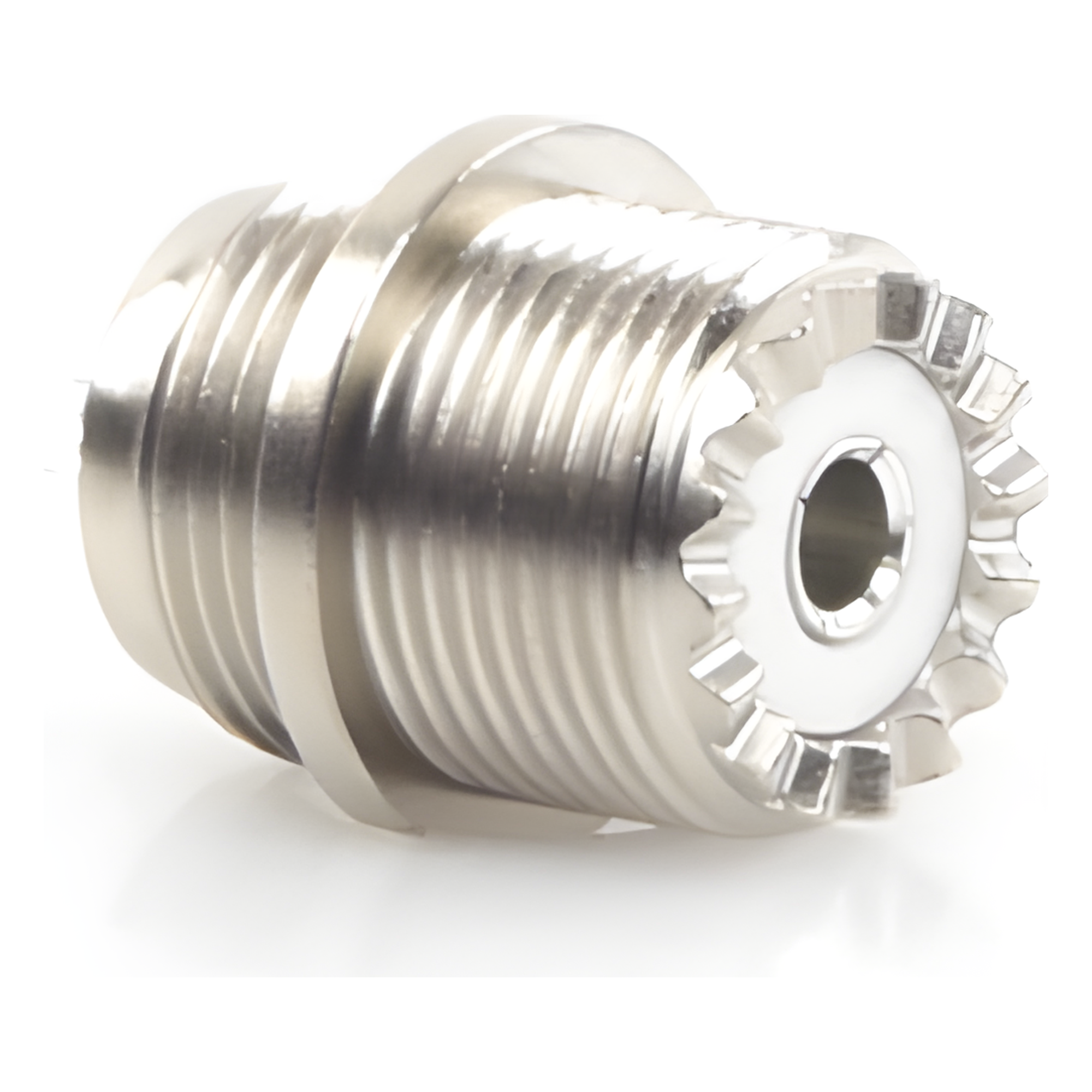 Conector UHF Hembra / Montaje Frontal en Panel D Plano / Cuerpo Zinc Niquelado / Contacto Plateado / Aislante Baquelita / Soldable