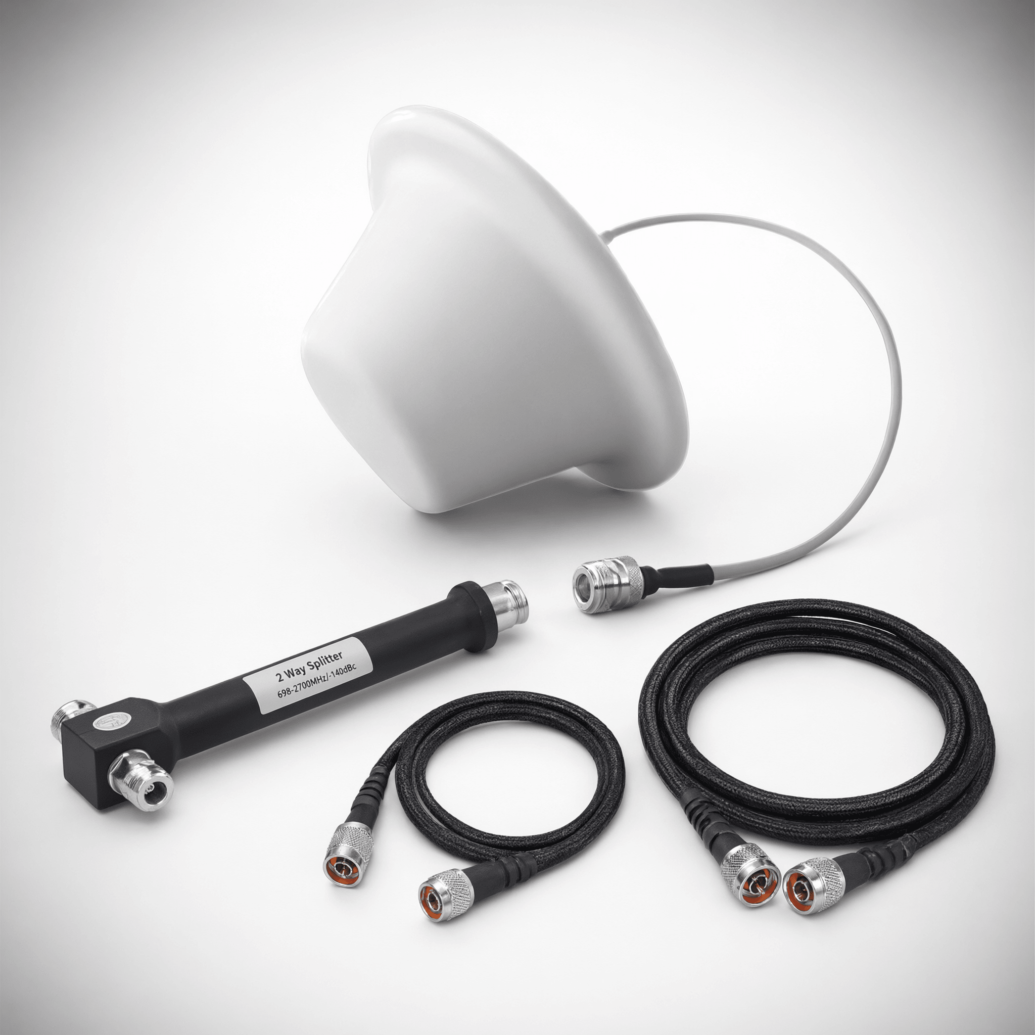 Kit Antena Omnidireccional Domo / Divisor de Potencia 2 Salidas / Jumpers Coaxiales 3 m (9.8 ft) y 15 m (49.2 ft) / Conectores N Macho — EPCOM · SKU EP1DIV-1ANT-2CCN