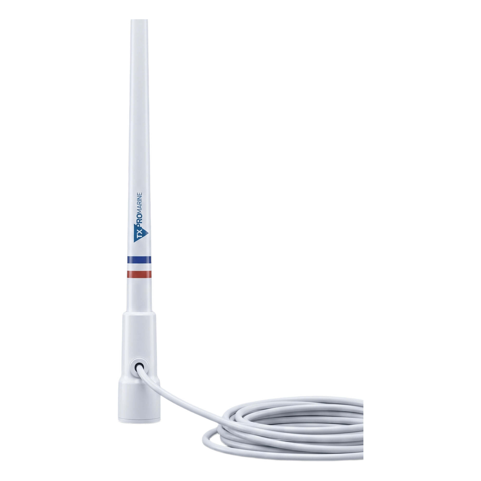 Antena Marina VHF / Fibra de Vidrio / 156-163 MHz / 6.5 dBi / Cable 10 m (32.8 ft) / IP67 / 2.4 m (7.9 ft) — TXPROMARINE · SKU TX-5206-SYS