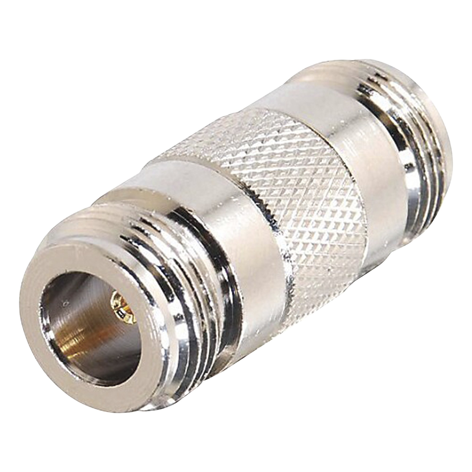 Adaptador Coaxial Tipo Barril / 50 Ohm / Conector N Hembra a N Hembra / Montaje en Línea / Cuerpo Bronce Plateado / Contacto Oro / Aislante Teflón — RF INDUSTRIES,LTD · SKU RFN-1013-1