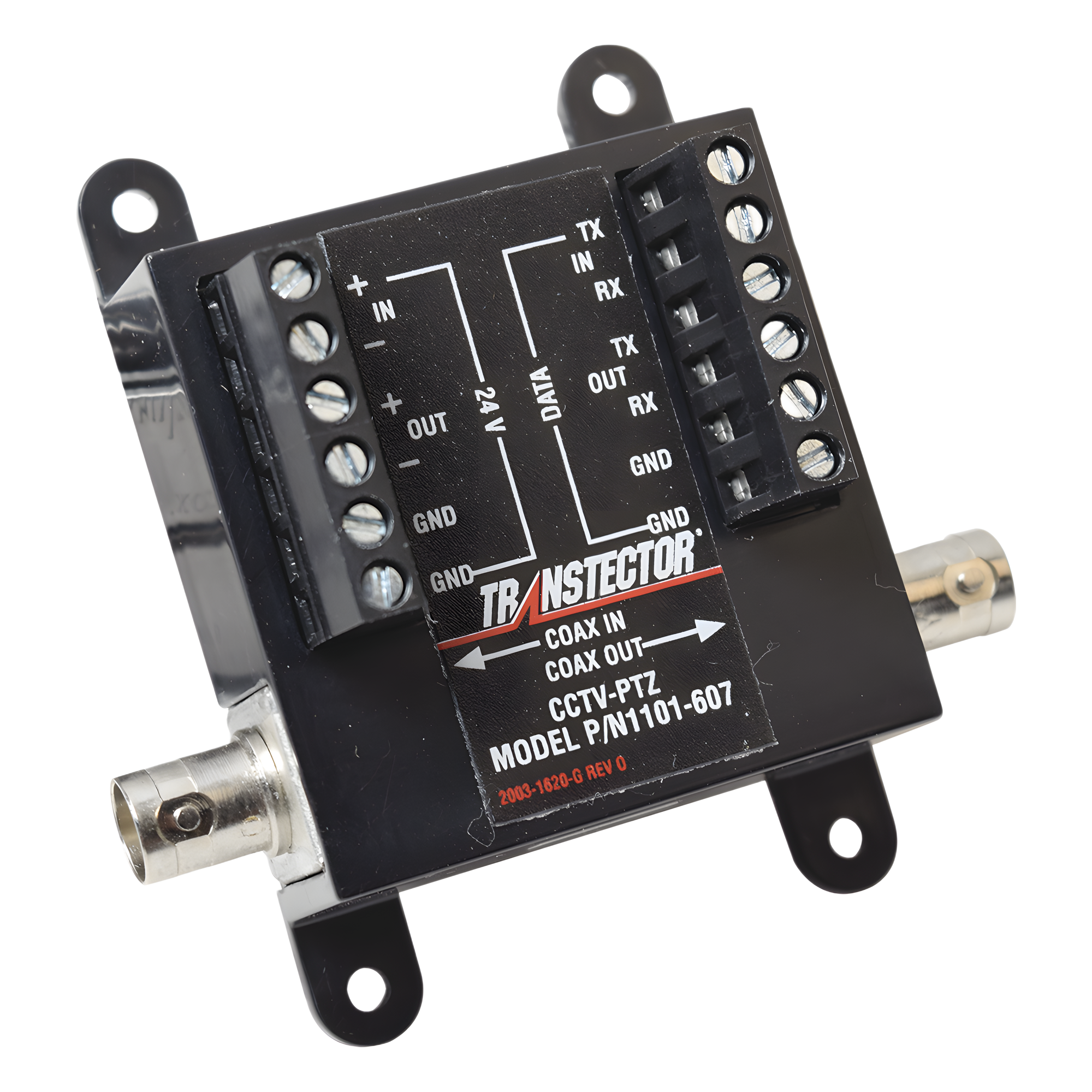 Protector CCTV PTZ / SASD / 12-24V + Coaxial BNC + RS-232/422/485 / 150A / Bidireccional / -40 a 65°C — TRANSTECTOR · SKU T-CCTV-PTZ