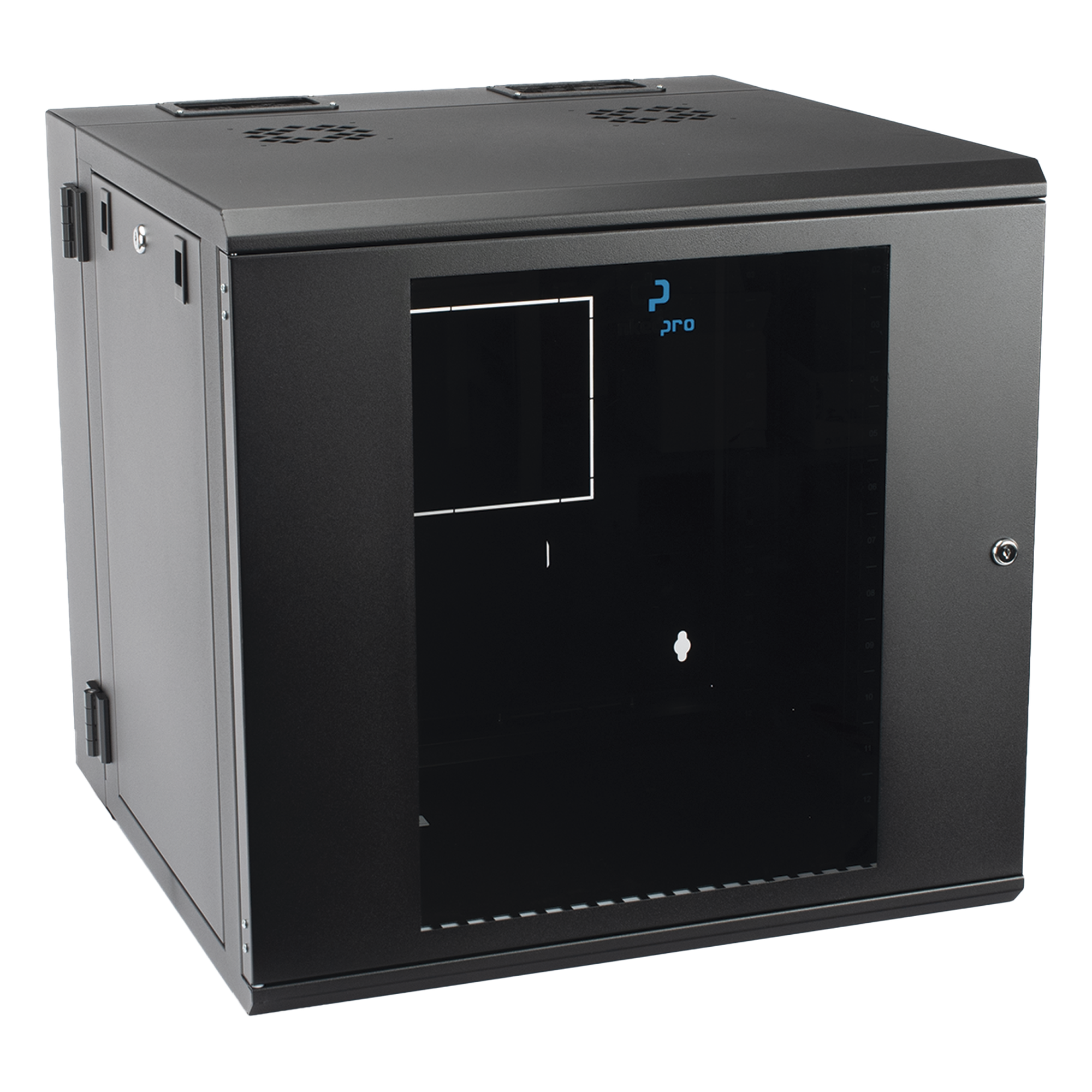 Gabinete de Pared Abatible / Rack 19" 12U / Ventana Cristal Templado / Apertura 120° / Laterales Removibles