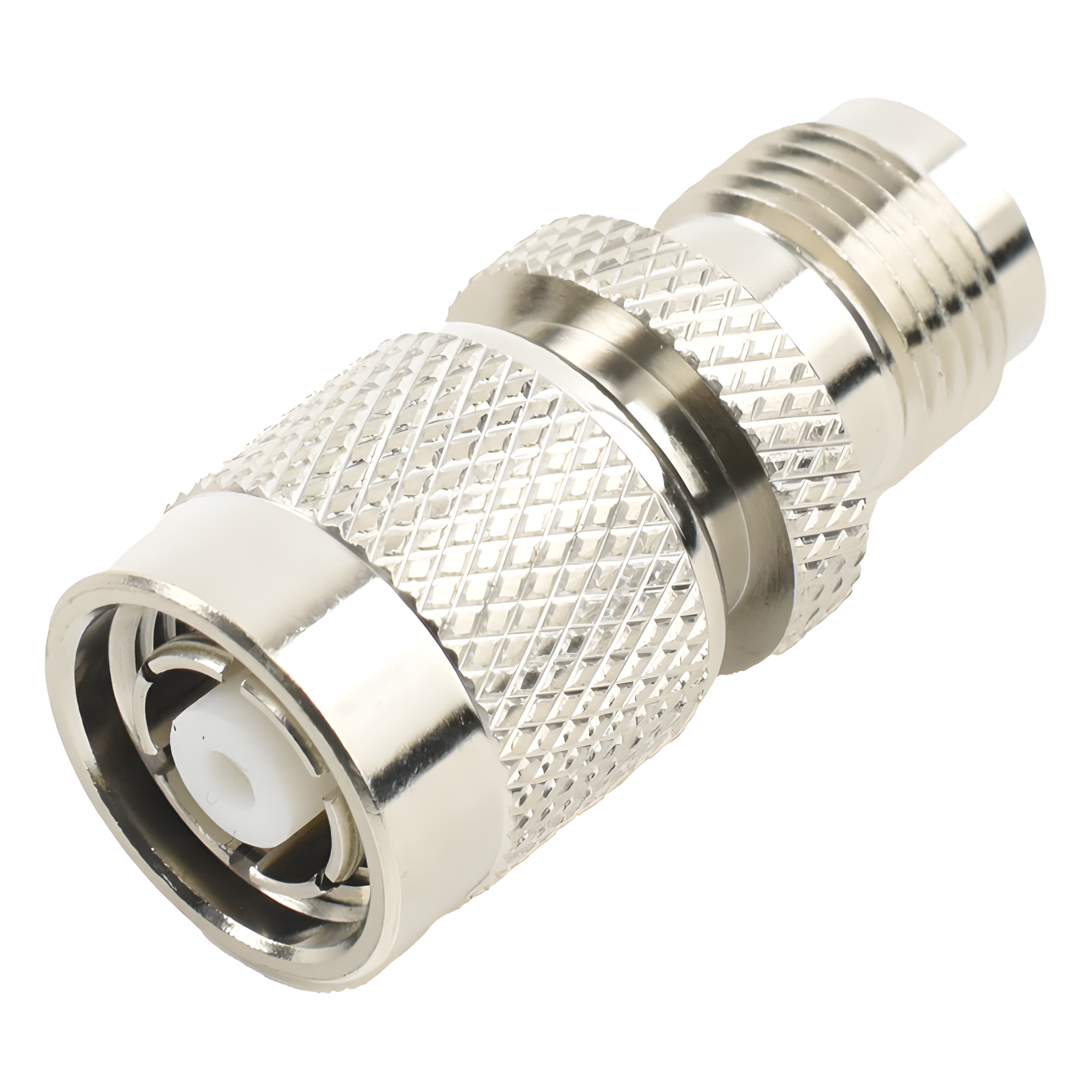 Adaptador RF en Línea / Conector TNC Macho Inverso a TNC Hembra / Cuerpo Bronce Niquelado / Contacto Oro / Aislante Teflón