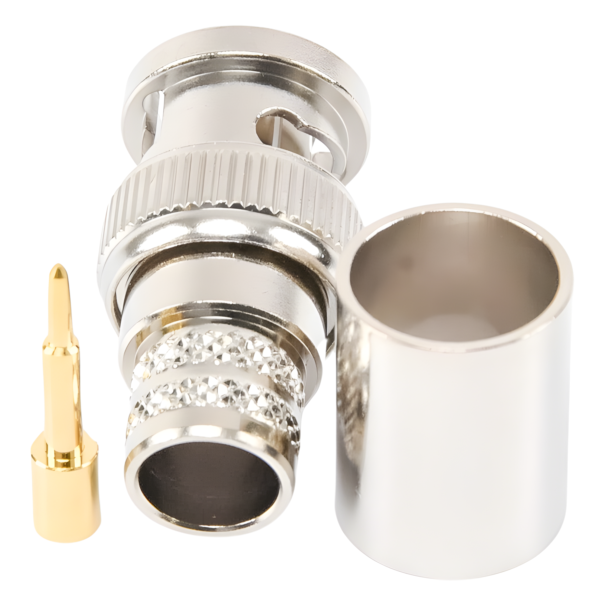 Conector Coaxial BNC Macho / Anillo Plegable / Bronce Niquelado / Contacto Oro / Teflón / RG-8/U, LMR-400, CNT-400, 9913