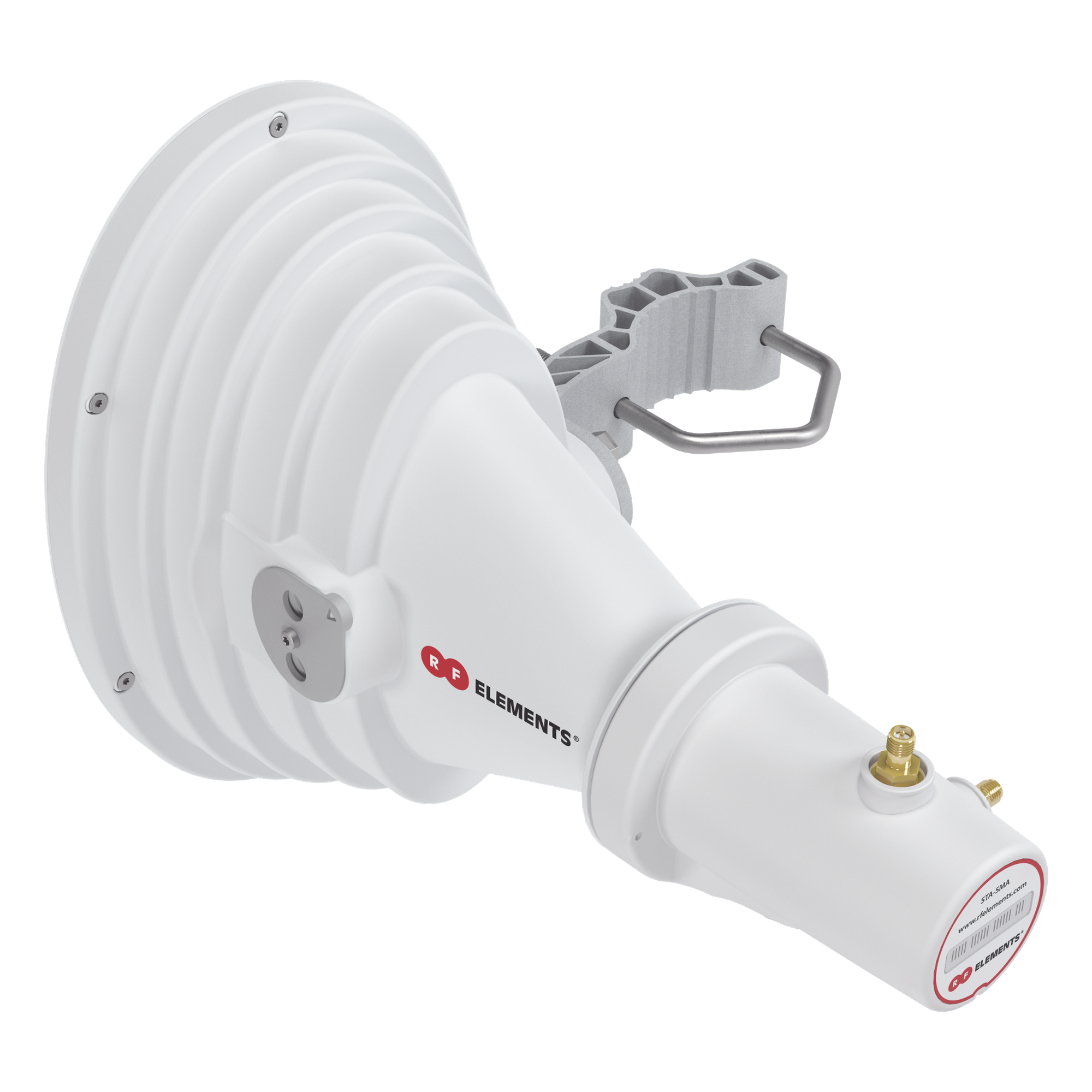 Antena Sectorial Horn / 45° Asimétrica / 17 dBi / 4.9-6.4 GHz / RP-SMA / Sin Lóbulos Laterales — RF ELEMENTS · SKU STH-A45-USMA