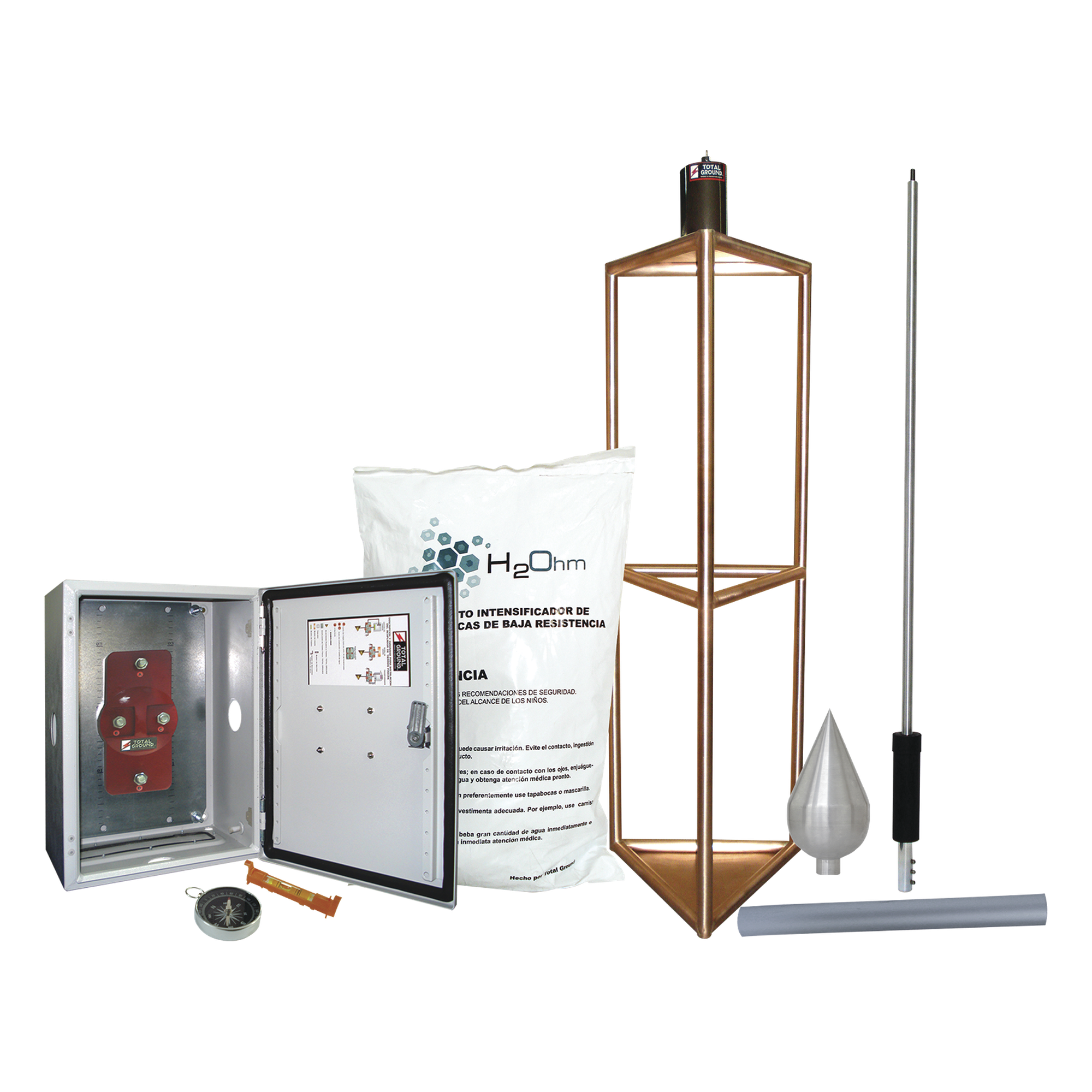 Kit de Protección Contra Rayos / 300 m (984.3 ft) de Diámetro de Protección / Punta Captadora con 95% de Reducción de Caída / Mástil de Aluminio 1.2 m (3.9 ft) / Electrodo 1000 A / Sistema Externo e Interno Combinado — TOTAL GROUND · SKU KDA-05
