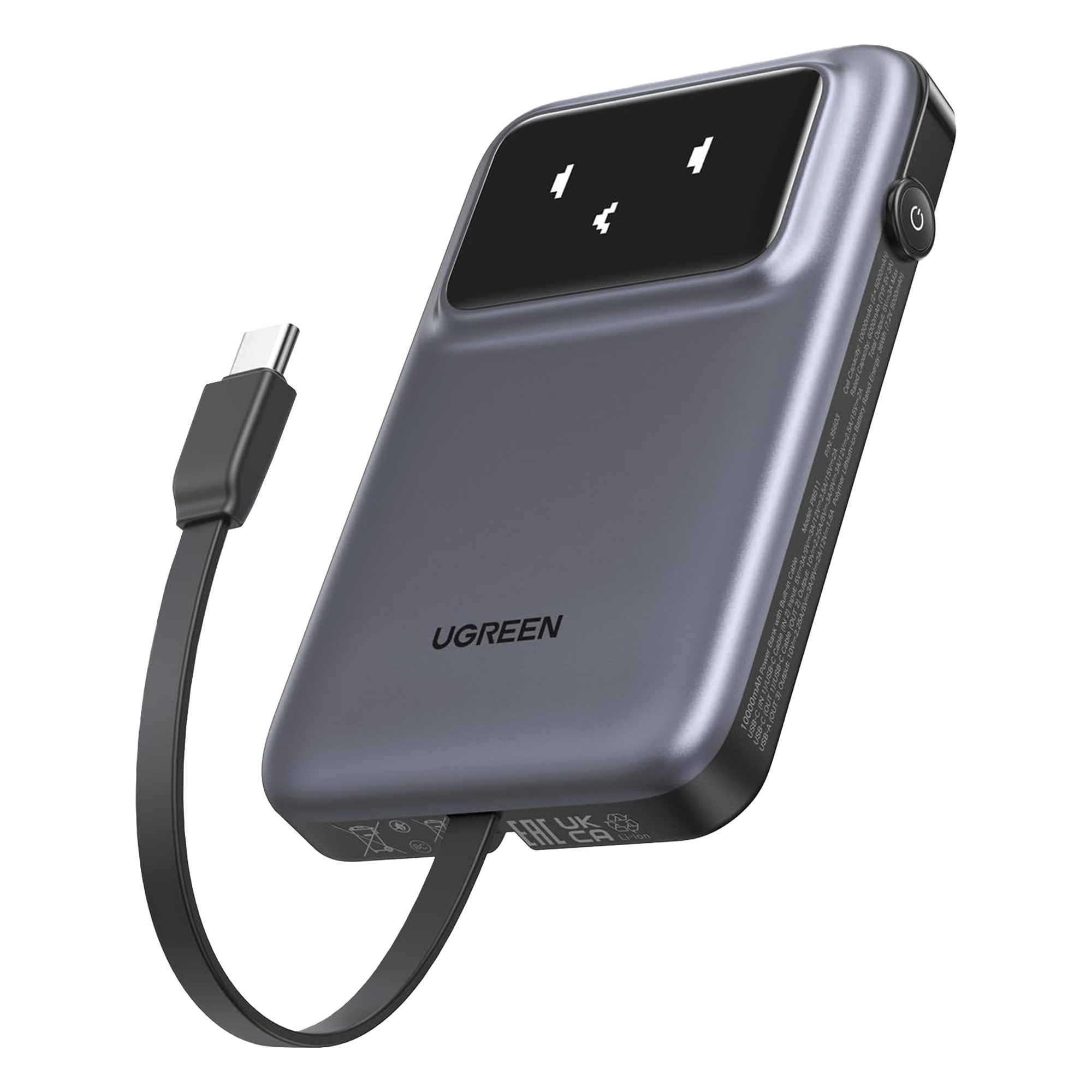 Power Bank Serie Uno | 10000mAh | 30W | con Cable USB-C Incorporado | 2 Salidas 30W Max. | Pantalla Inteligente | Carcasa Ignifuga | Aprobado por Aerolíneas.| Color Grey. — UGREEN · SKU 35603B
