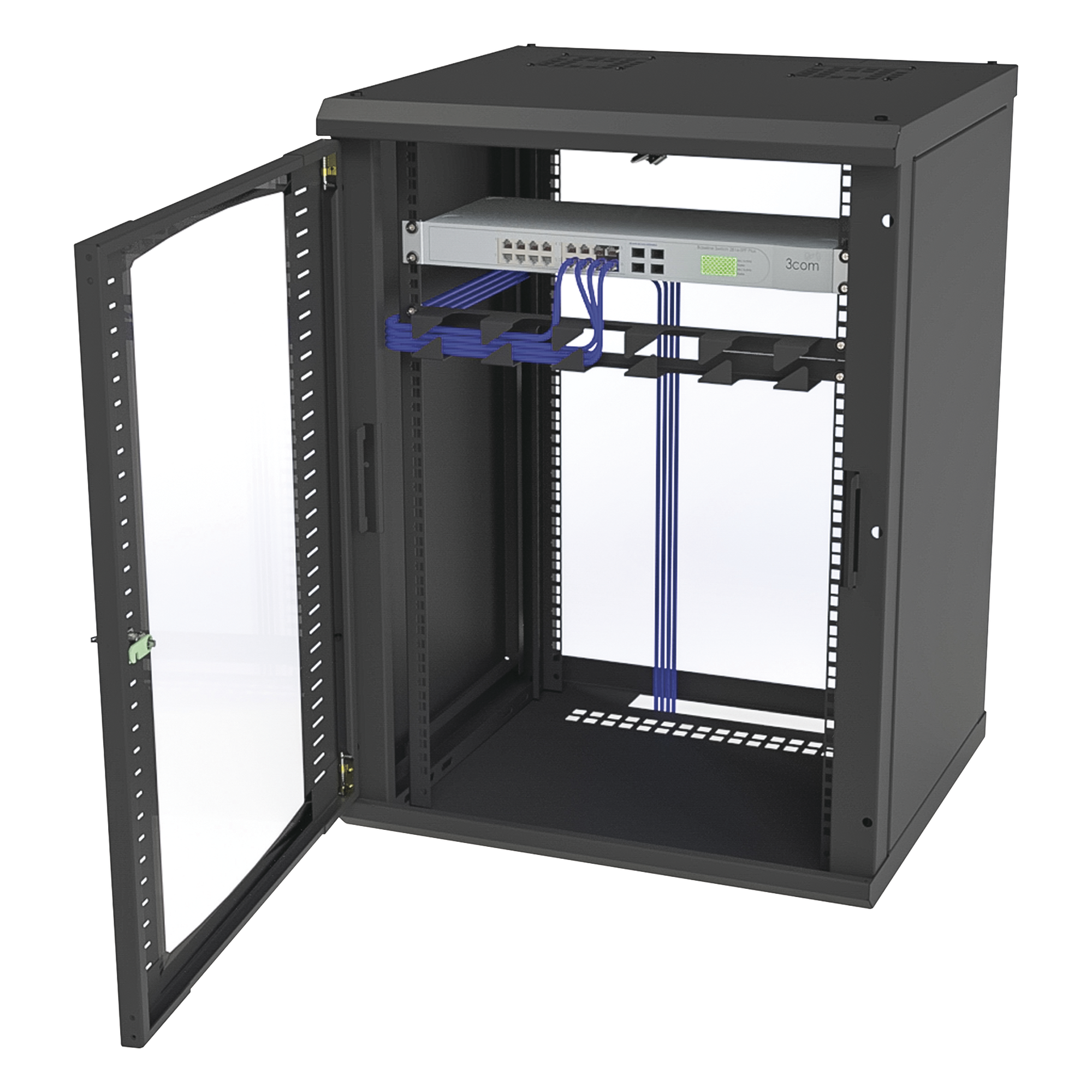 Gabinete para Montaje en Pared, Puerta de Cristal Templado, Cuerpo Fijo con Rack 19" de 16 Unidades