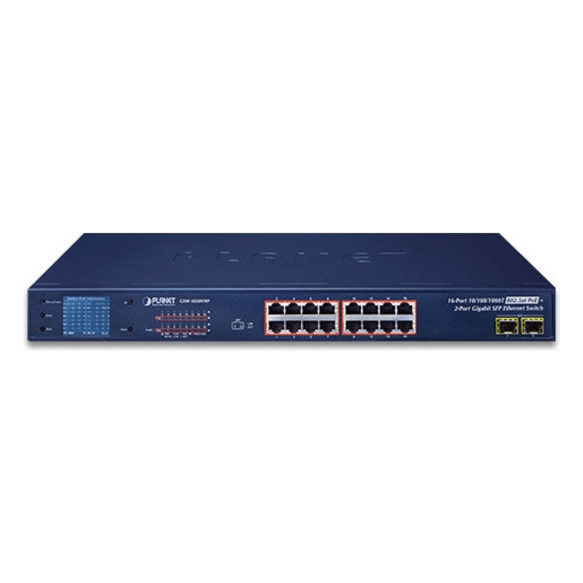 Switch PoE+ / 16 Puertos Gigabit / 2 Combo SFP / LCD / 300W / 1U Rack / 0.76 x 1.44 x 0.14 ft