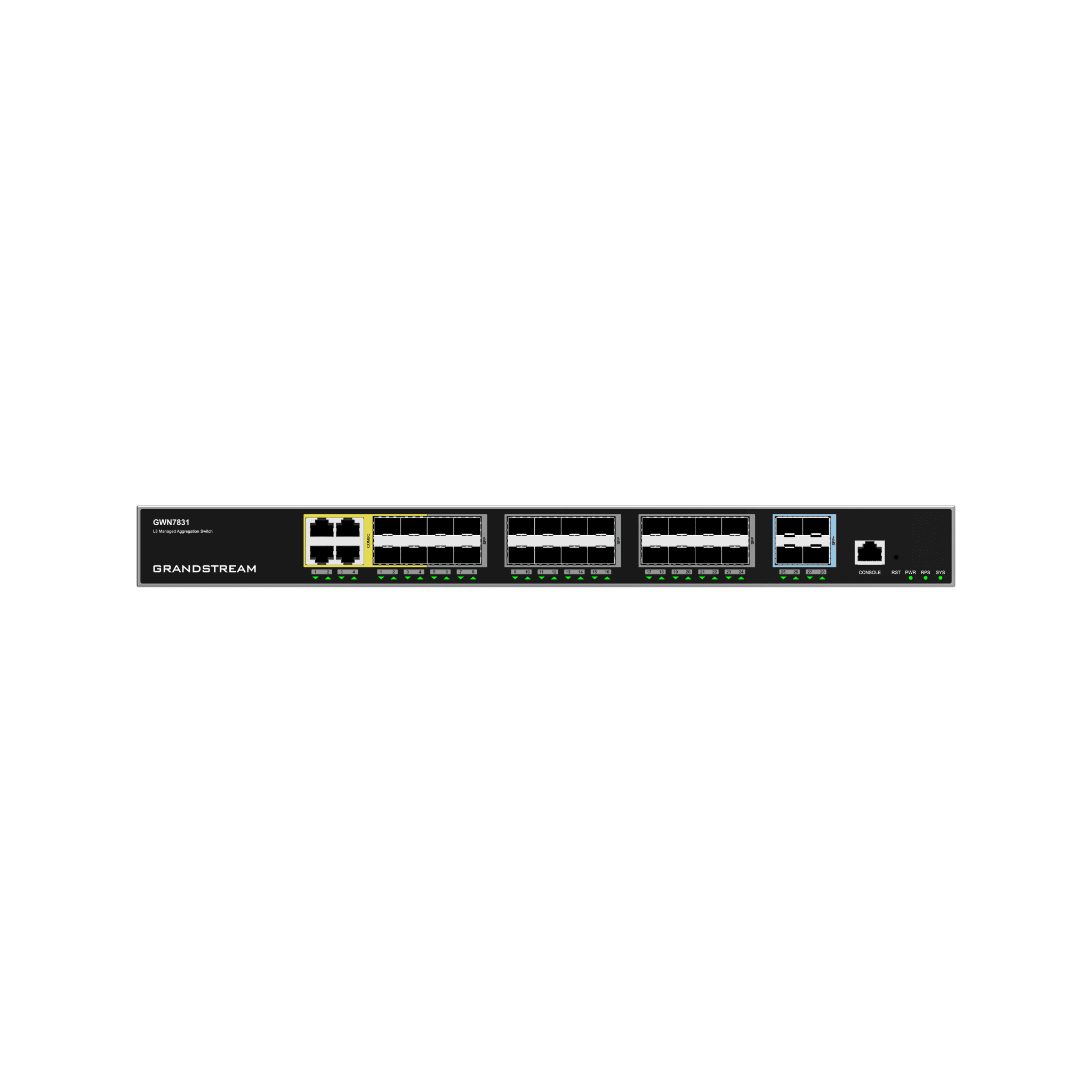Switch de Agregación Capa 3 / 4 Puertos Gigabit Ethernet / 24 Puertos Gigabit SFP / 4 Puertos 10Gigabit SFP+ / QoS Integrada / Soporte IPv6 e IPv4 / Seguridad Avanzada / Stacking / 