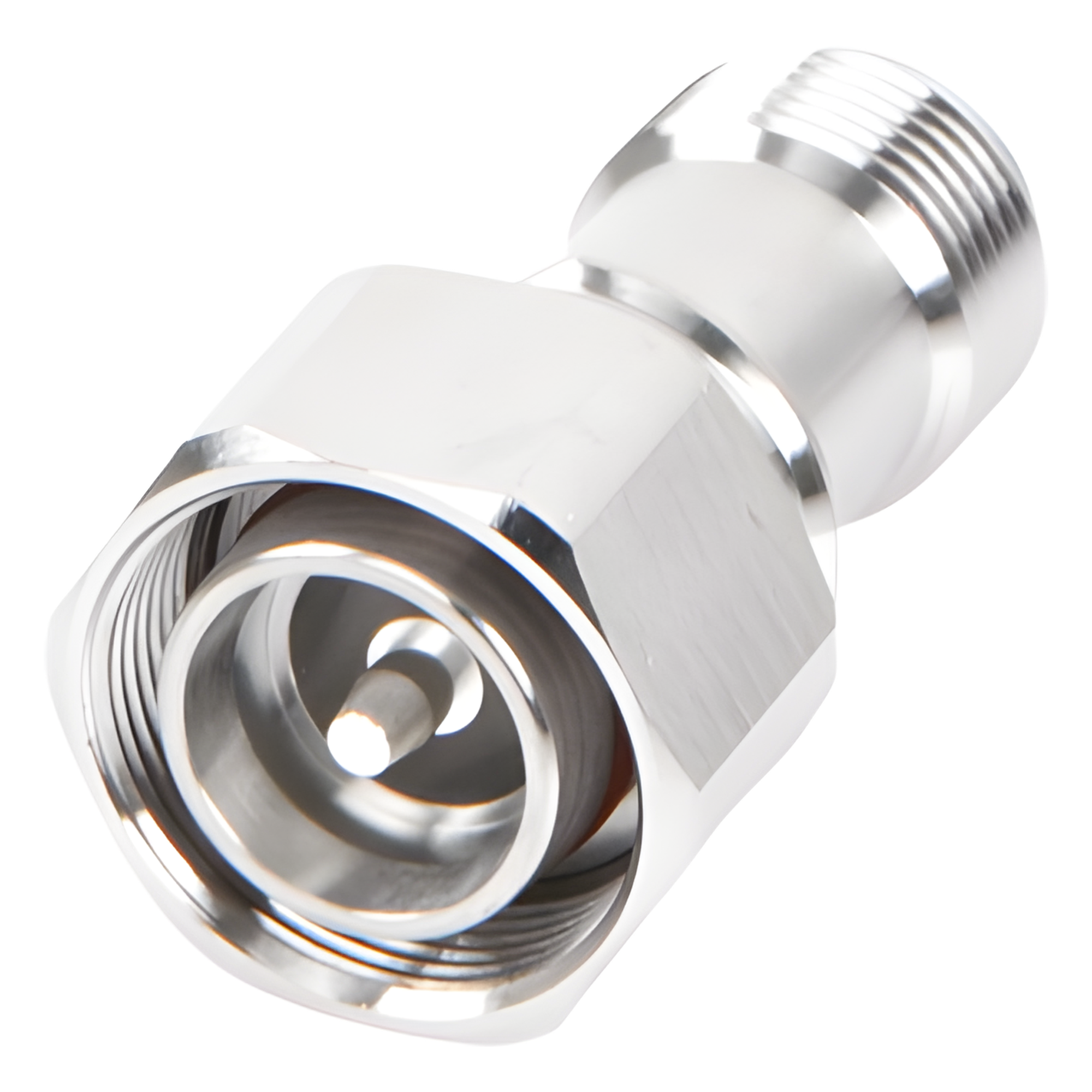 Adaptador en Línea de Conector 4.3-10 Macho a N Hembra, Bronce Blanco/ Plata/ Teflón.