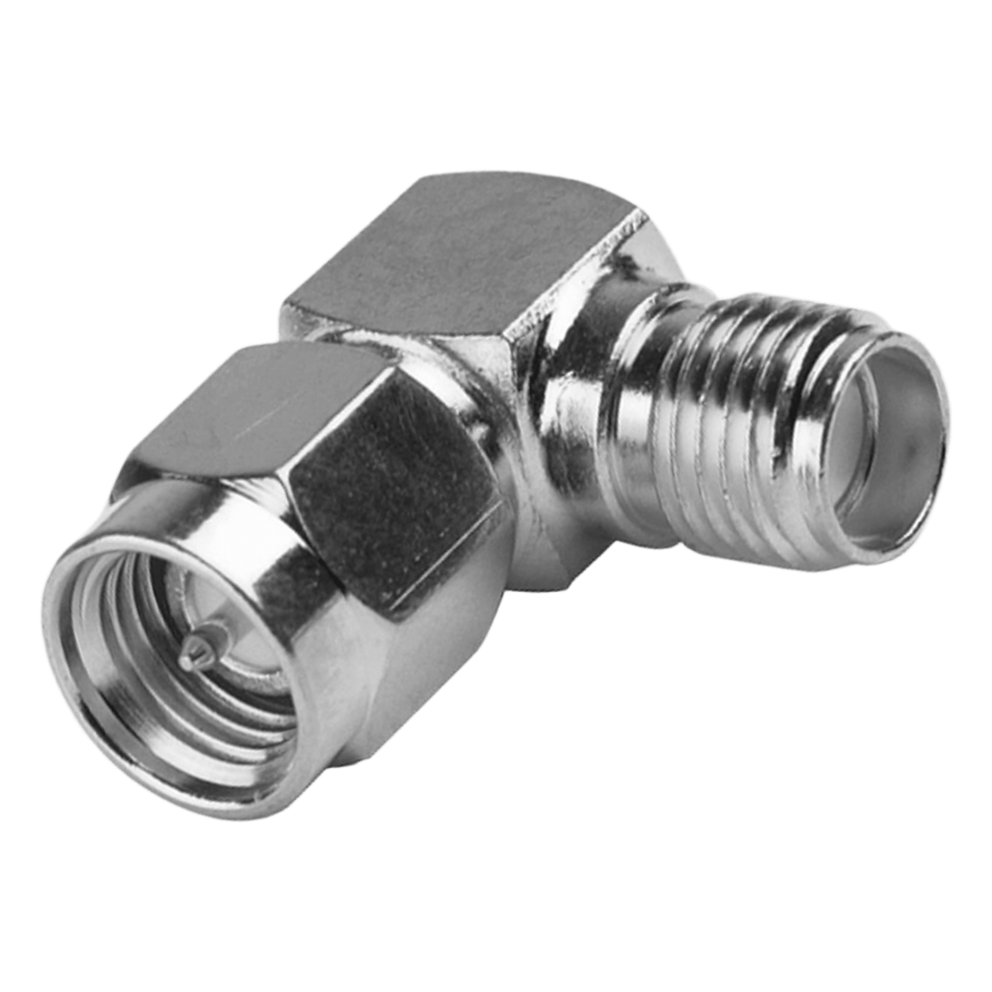 Adaptador RF Coaxial / Ángulo Recto / SMA Macho a SMA Hembra / Cuerpo Bronce Niquelado / Contacto Oro / Aislante Teflón — RF INDUSTRIES,LTD · SKU RSA-3402