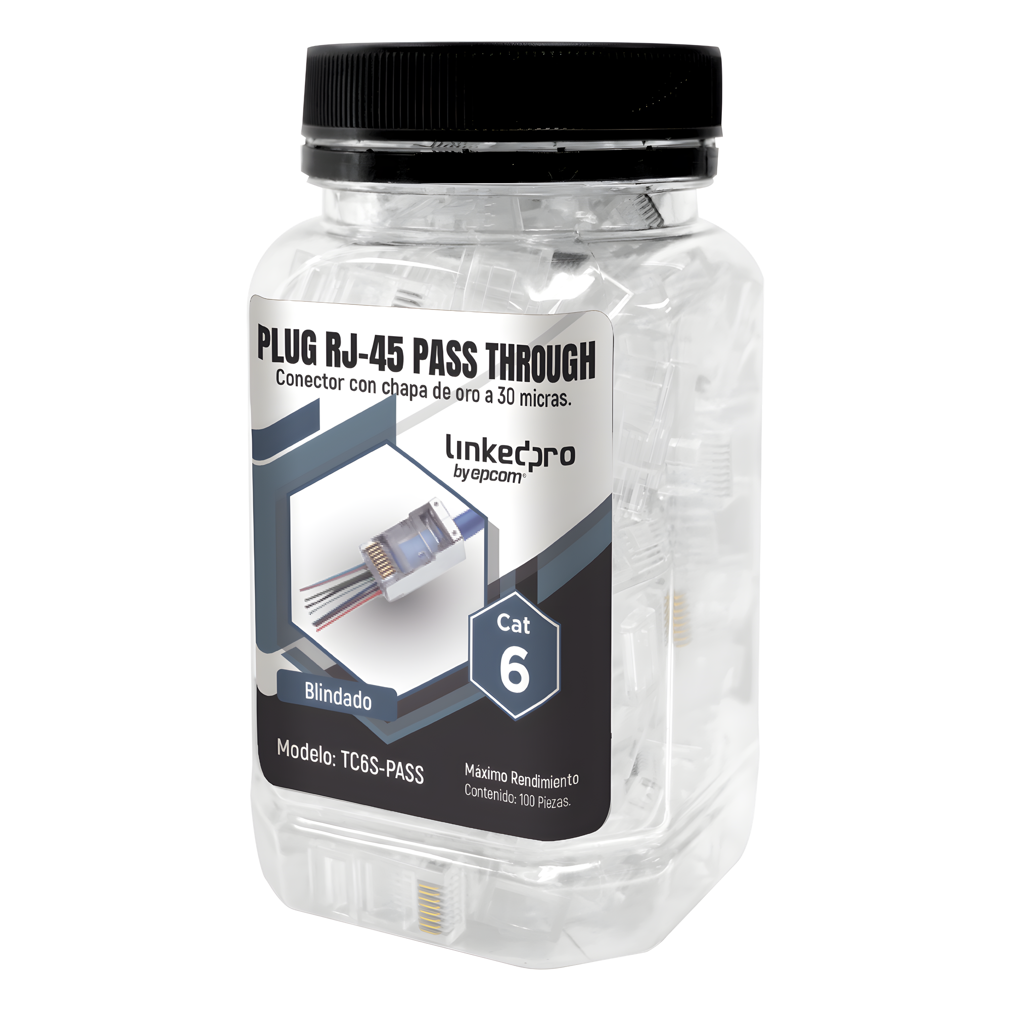 Plugs Pass Through / Cat6 Blindado / Chapado Oro 30μm / 100 Piezas / TIA-568B.2 — LINKEDPRO BY EPCOM · SKU TC6S-PASS