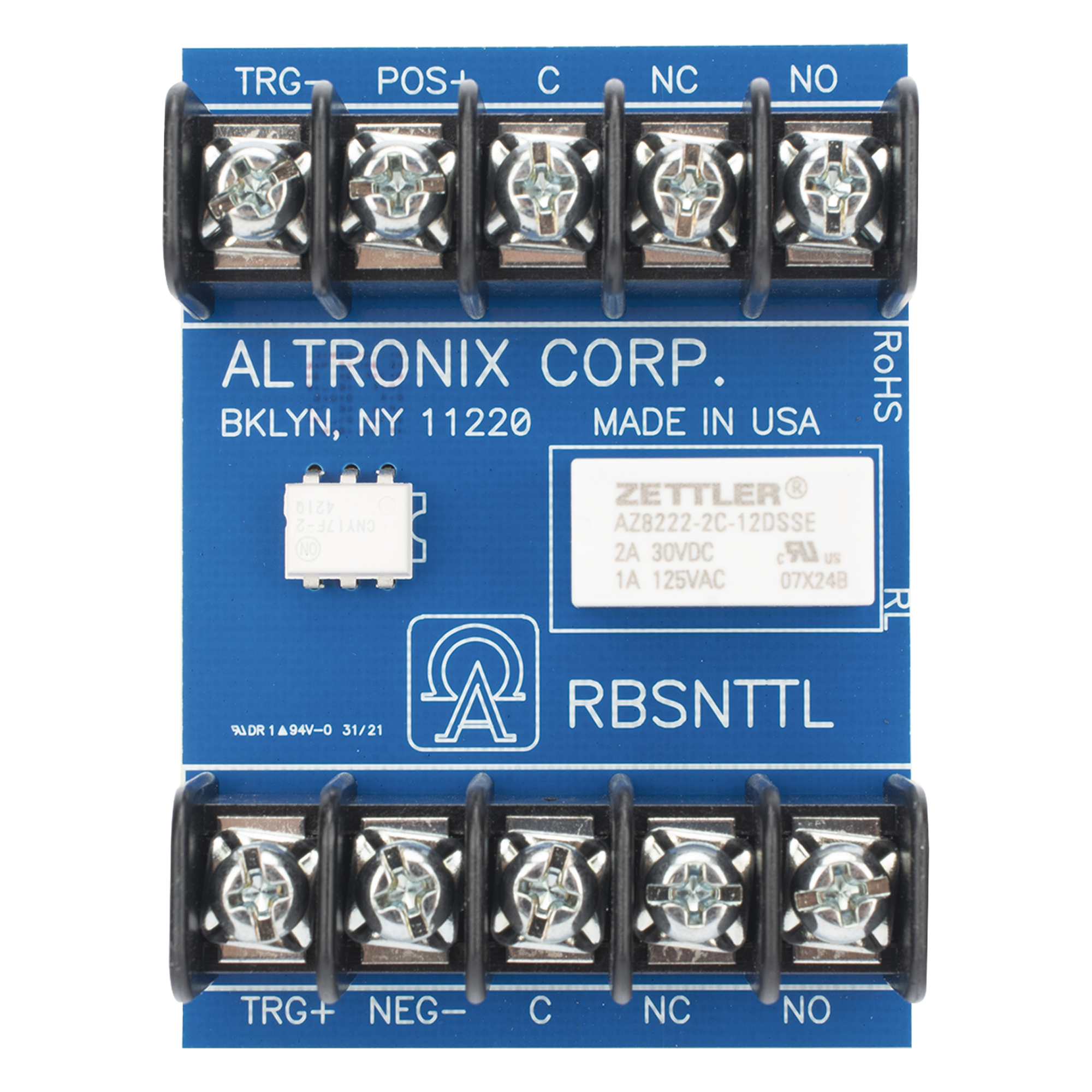 Módulo Relé Ultrasensible / Trigger 3-24VDC / Salida DPDT 1A/120VAC o 2A/28VDC / Operación 12-24VDC / Consumo 45 mA — ALTRONIX · SKU RBSNT-TL
