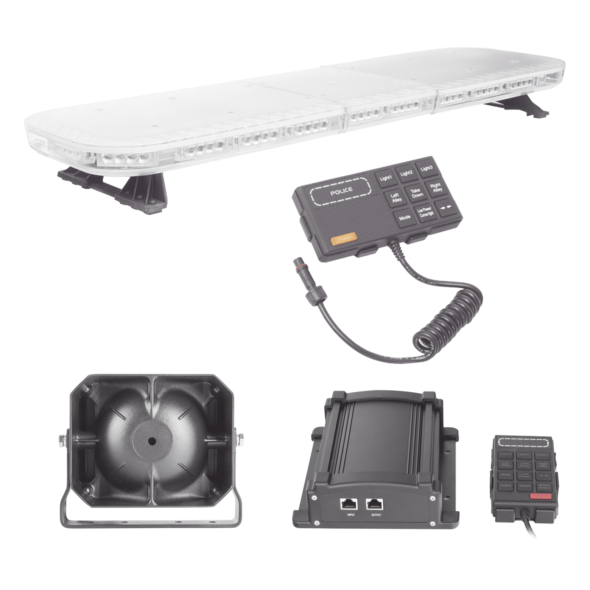 Kit de Señalización para Seguridad Pública / Barra LED 88 LEDs / Sirena 100W / Control de Tráfico Ámbar / IP65 / 45 Patrones de Destello — EPCOM INDUSTRIAL SIGNALING · SKU X67RBAKIT2
