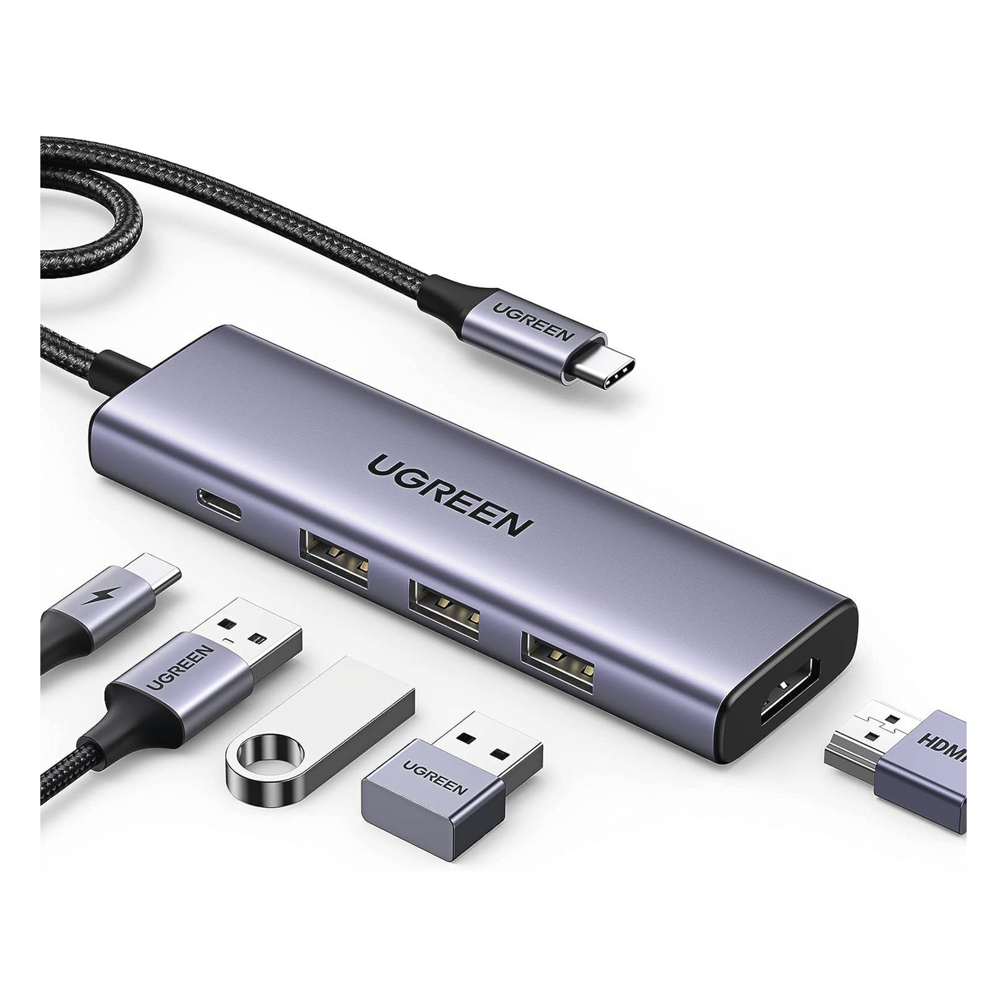 Docking Station USB-C / 5 en 1 / HDMI 2.0 4K@30Hz / 3 USB-A 3.0 5Gbps / PD 100W / Cable 25 cm (9.8 in) / Aluminio — UGREEN · SKU 15596