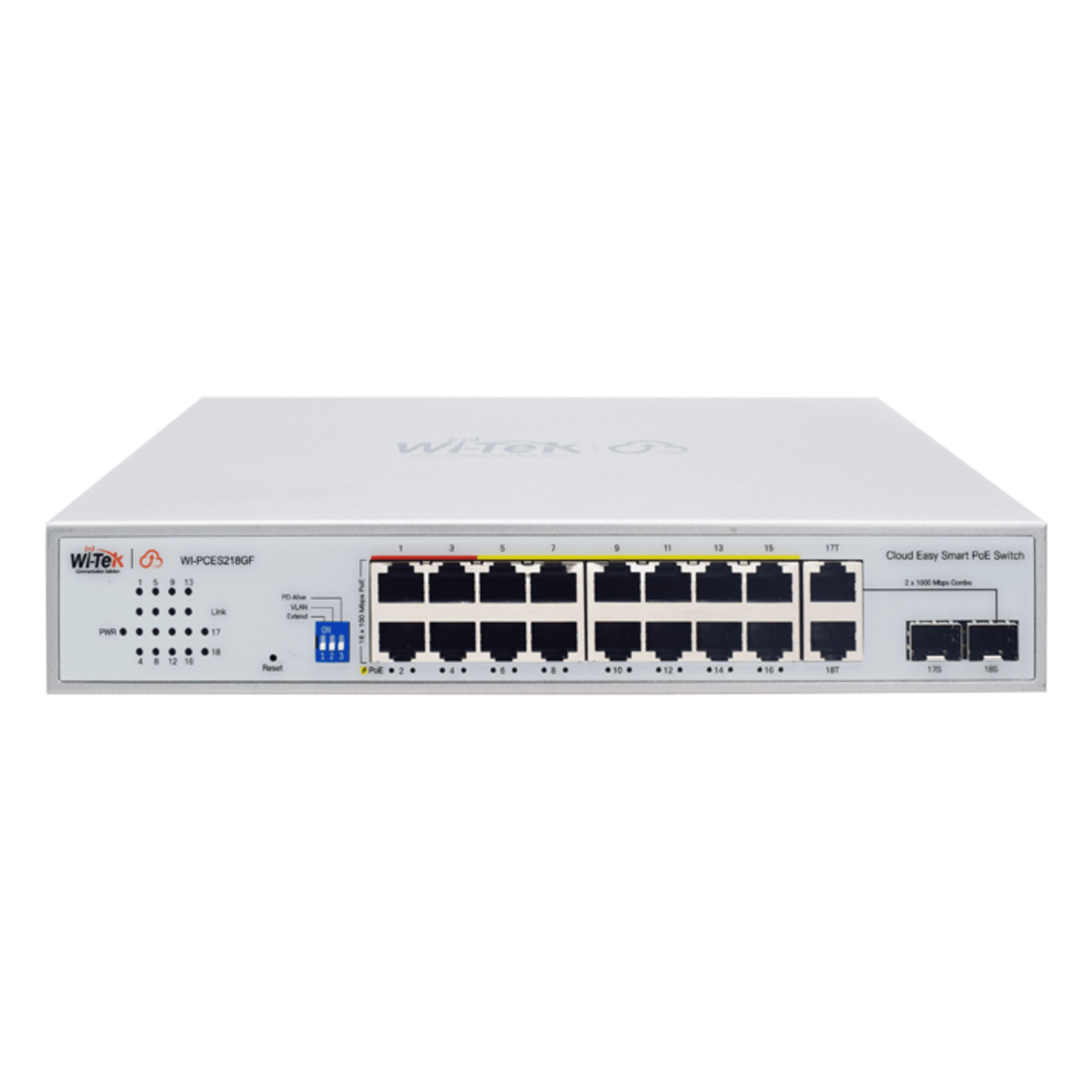 Switch PoE / 16 Puertos 10/100 Mbps PoE / 2 Uplink Gigabit / 1 Puerto SFP / Presupuesto PoE 250 W / Alcance 250 m (820.2 ft) / ONVIF — WI-TEK · SKU WI-PCES218GF