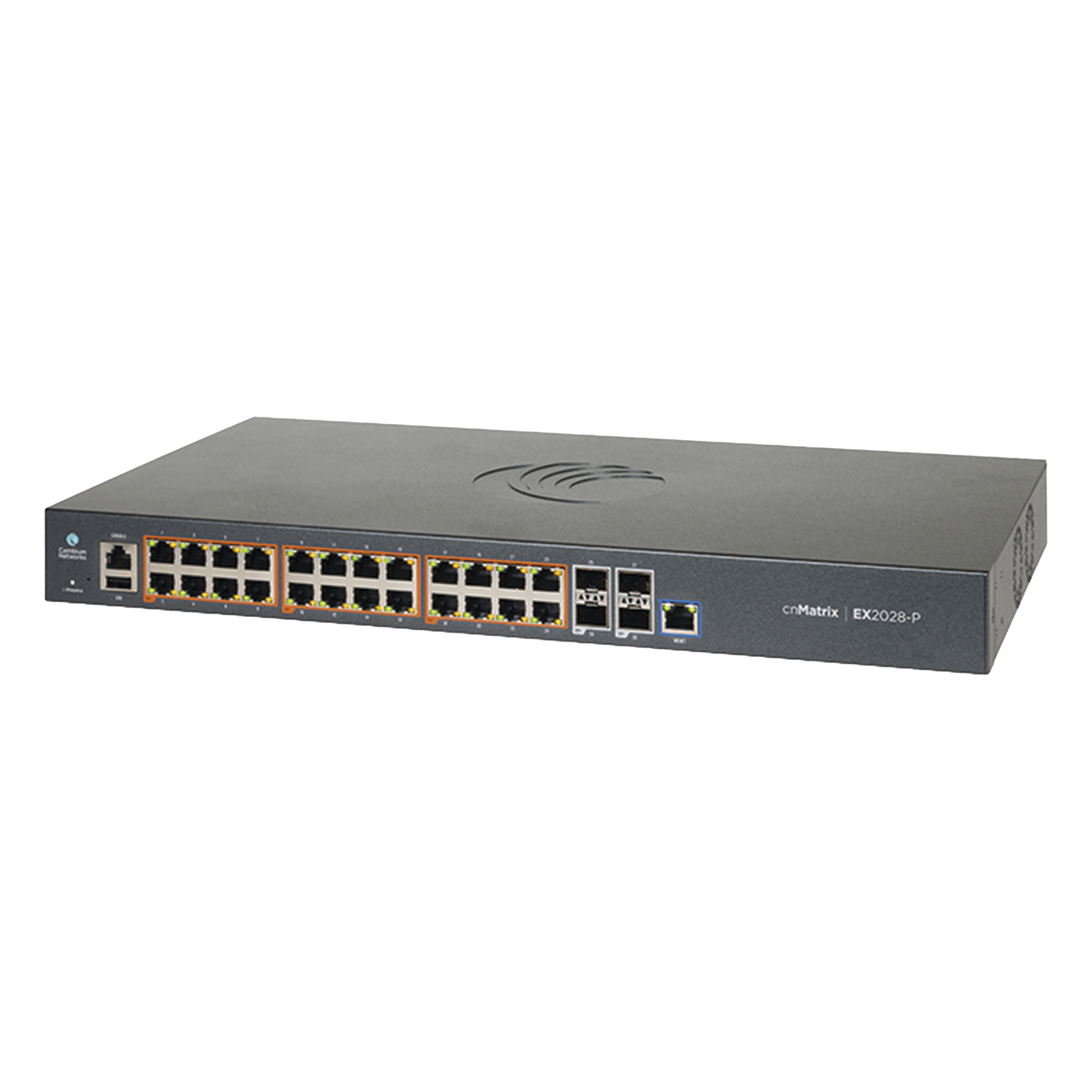Switch Capa 3 / 28 Puertos / 24 PoE Gigabit 802.3af/at / 4 SFP+ / cnMaestro On-Premises — CAMBIUM NETWORKS · SKU MX-EX2028PXB-U
