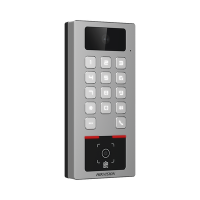 Teclado con Lector Físico de QRs para Exterior Antivandálico IP65 & IK09 con función de Videoportero Multiapartamento / Tarjeta, Código QR, PIN o App HikConnect  / Cámara 2 MP compatible con NVRs / Soporta b