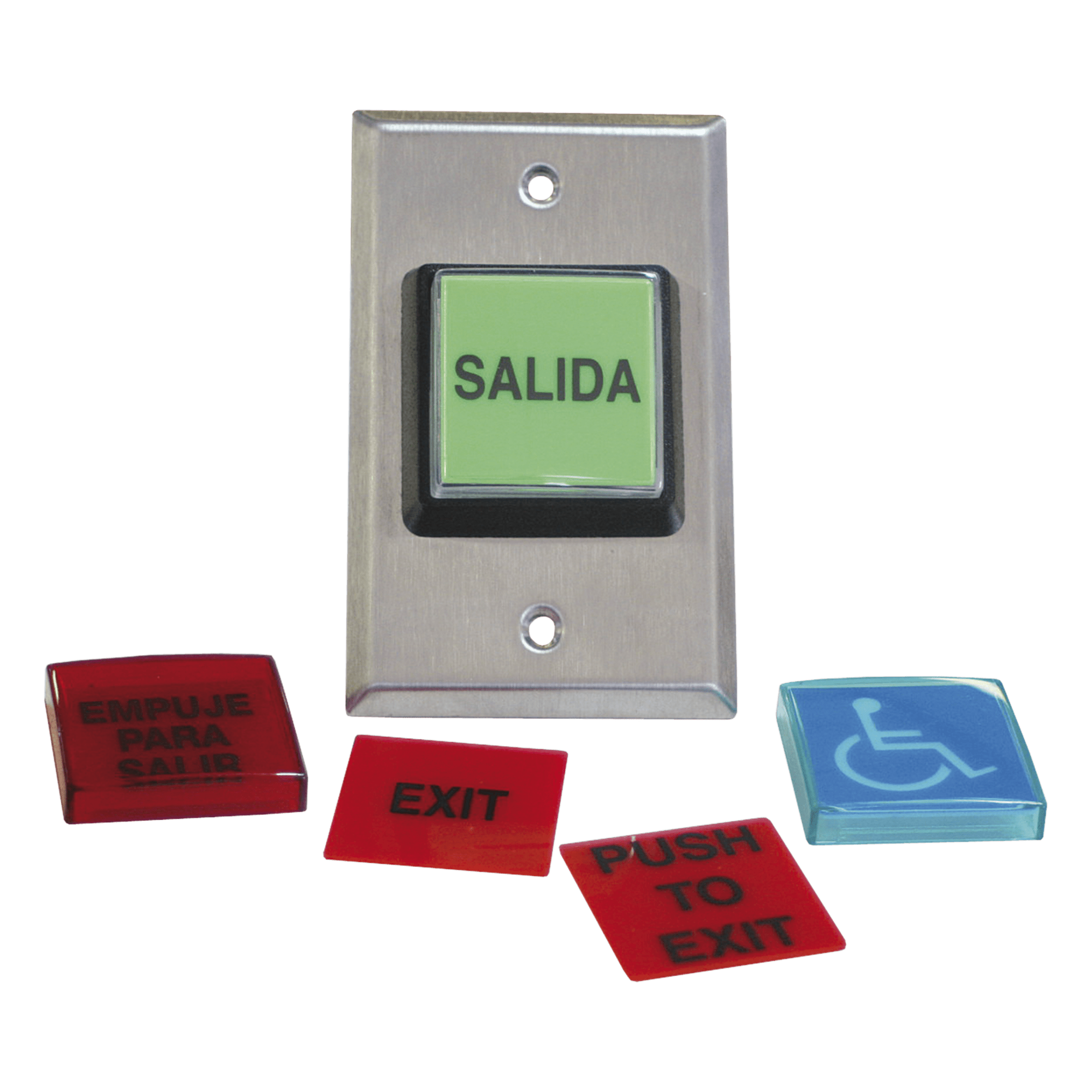 Botón de Salida / Placas Intercambiables Español/Inglés / LED 12 VCC / NO/NC / Acero Inoxidable / ADA — RCI - DORMAKABA · SKU 972LESMO